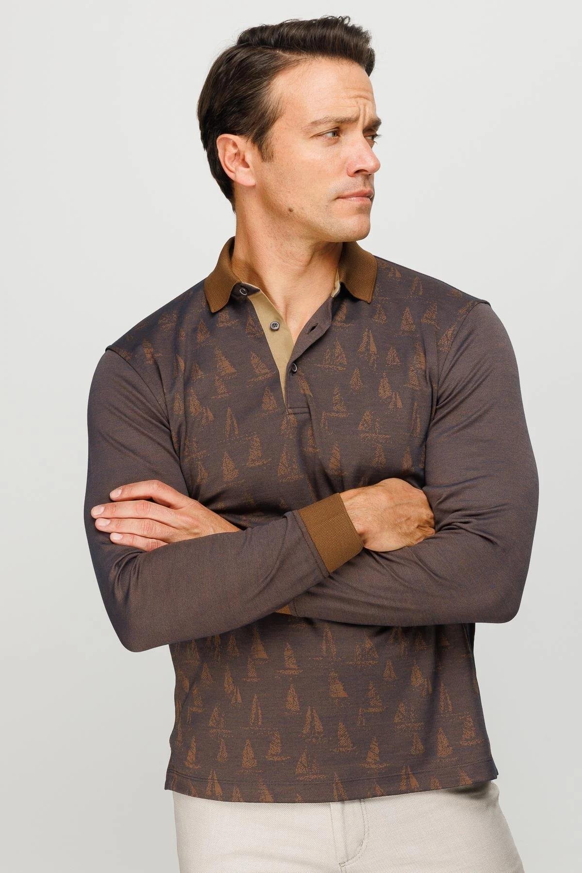 720Erkek Polo Yaka Yelken Desenli Sweatshirt Kahve