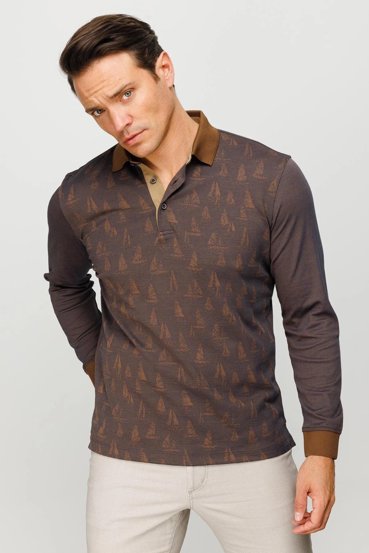 720Erkek Polo Yaka Yelken Desenli Sweatshirt Kahve