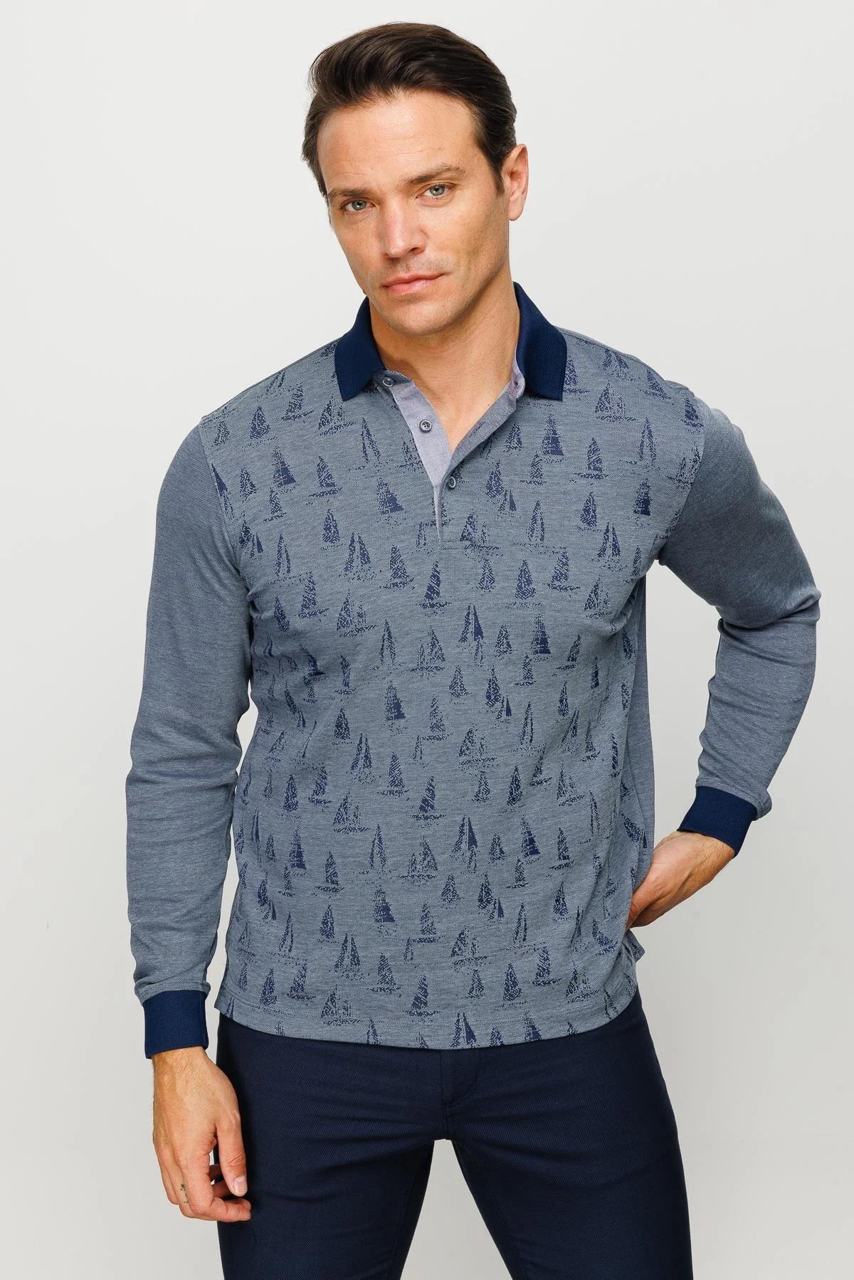 720Erkek Polo Yaka Yelken Desenli Sweatshirt Füme