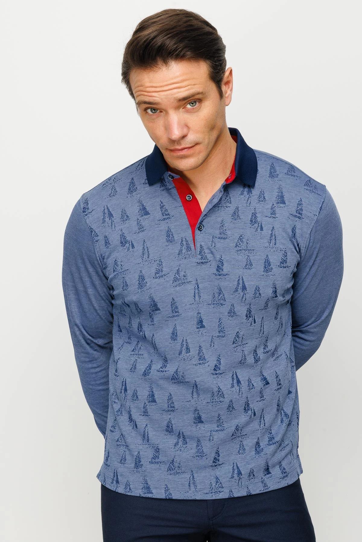 720Erkek Polo Yaka Yelken Desenli Sweatshirt Lacivert