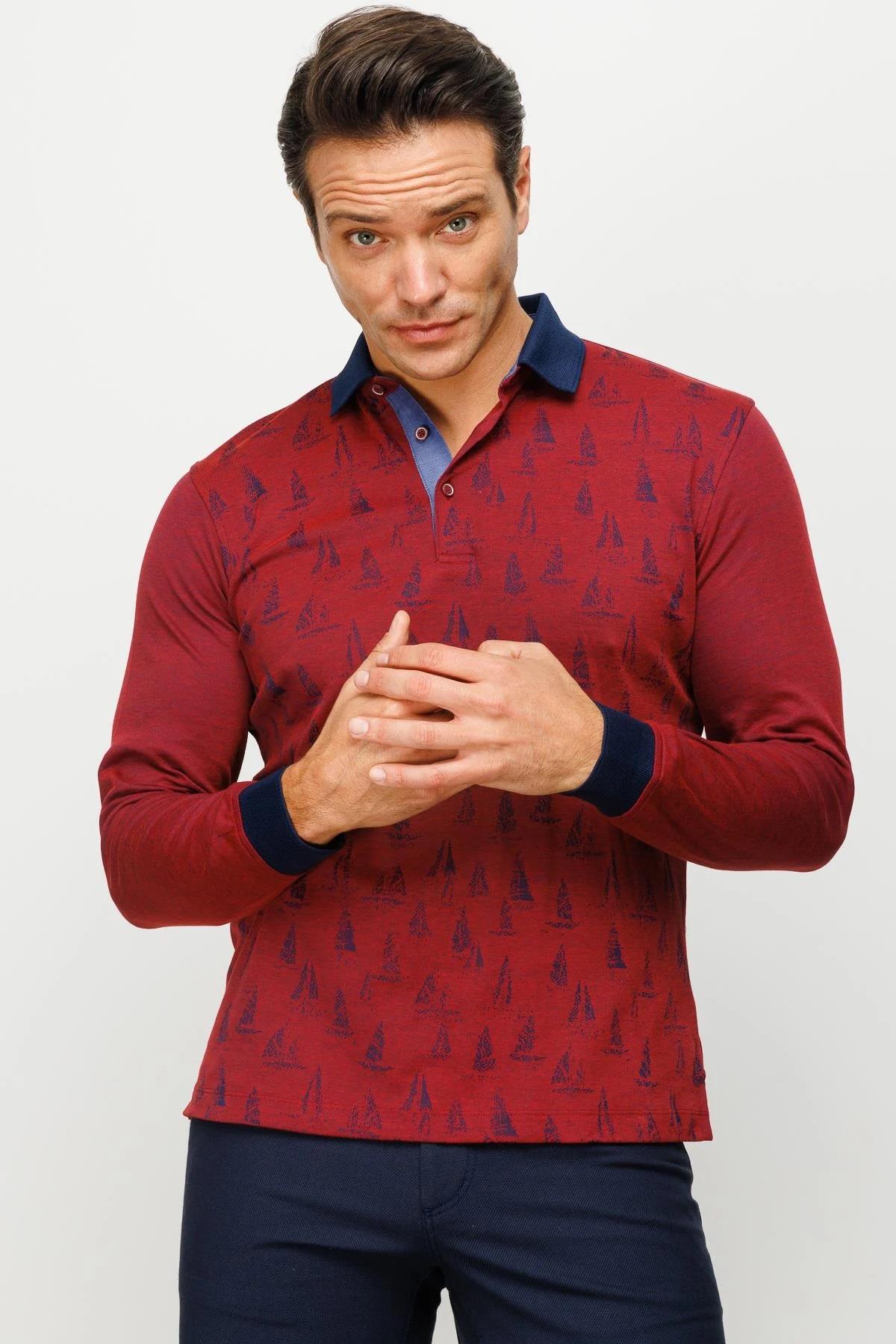 720Erkek Polo Yaka Yelken Desenli Sweatshirt Bordo