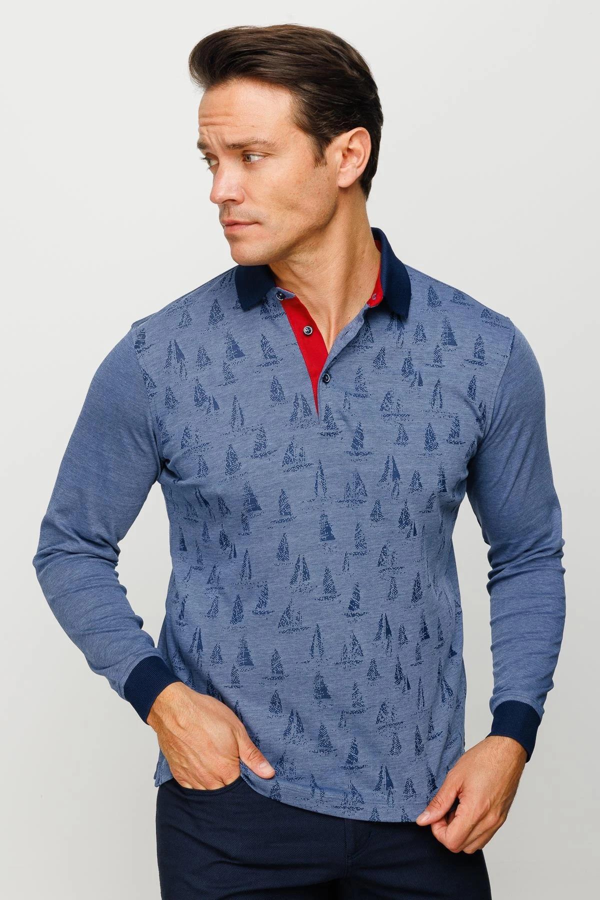 720Erkek Polo Yaka Yelken Desenli Sweatshirt Lacivert