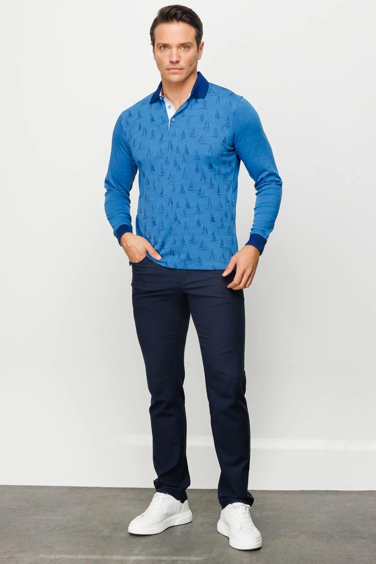 720Erkek Polo Yaka Yelken Desenli Sweatshirt Saks