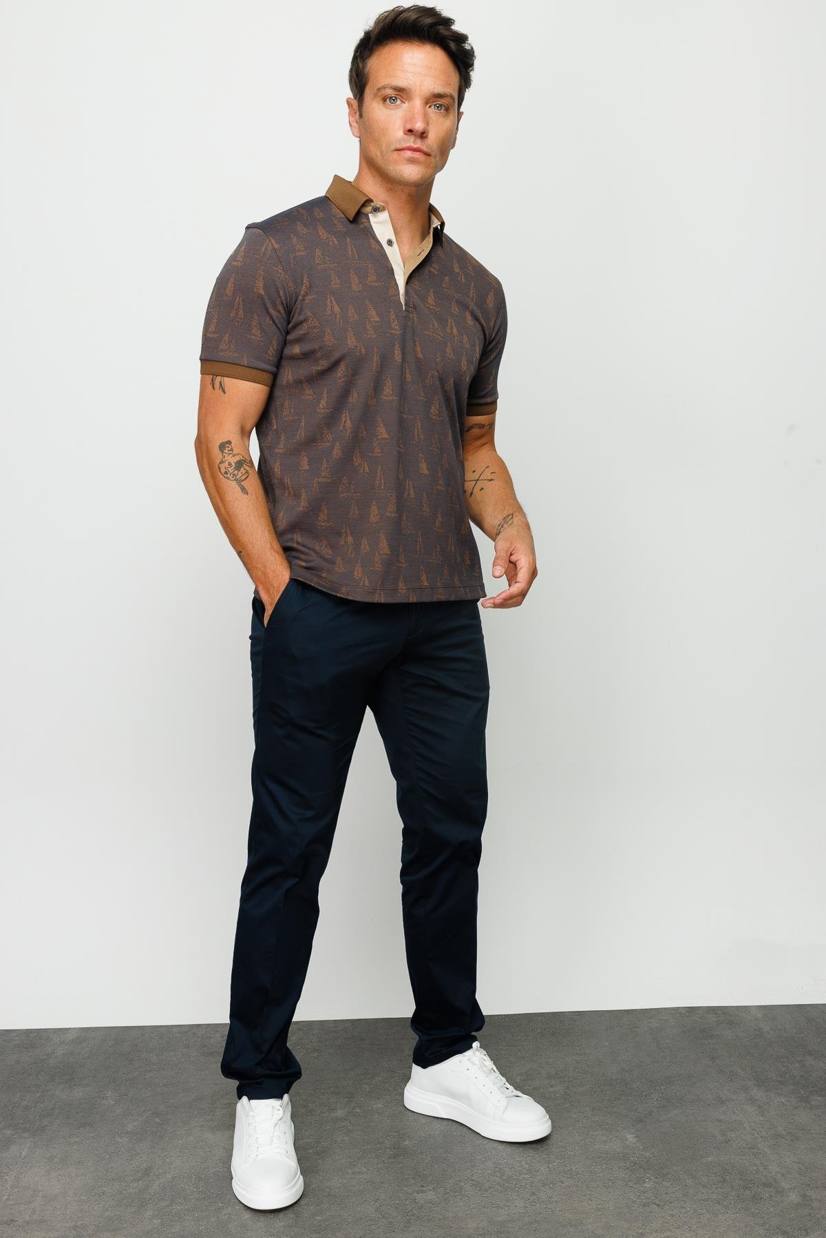 820Erkek Polo Yaka Yelken Desenli T-shirt Kahve