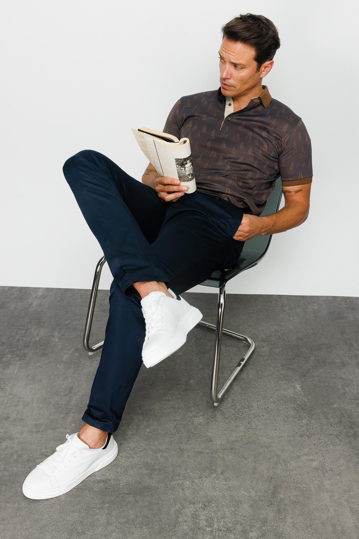 820Erkek Polo Yaka Yelken Desenli T-shirt Kahve