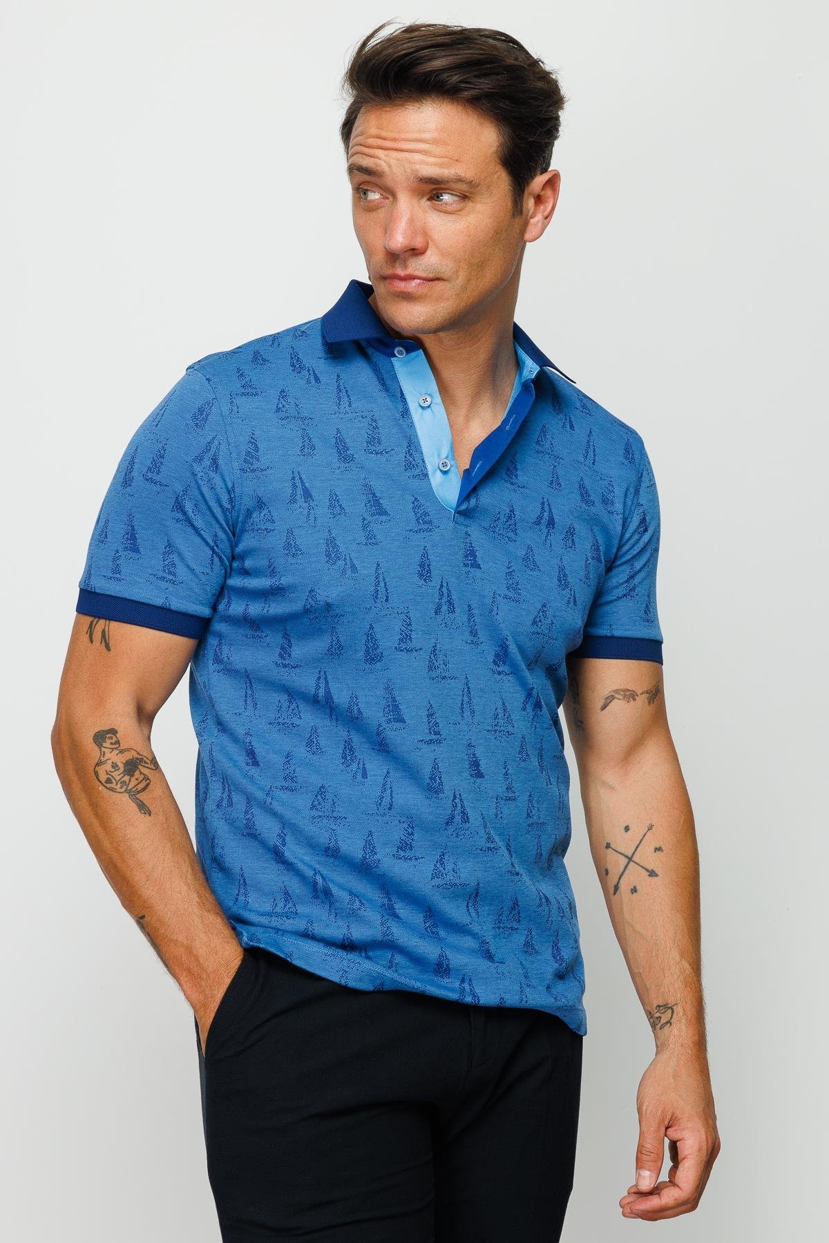 820Erkek Polo Yaka Yelken Desenli T-shirt Saks