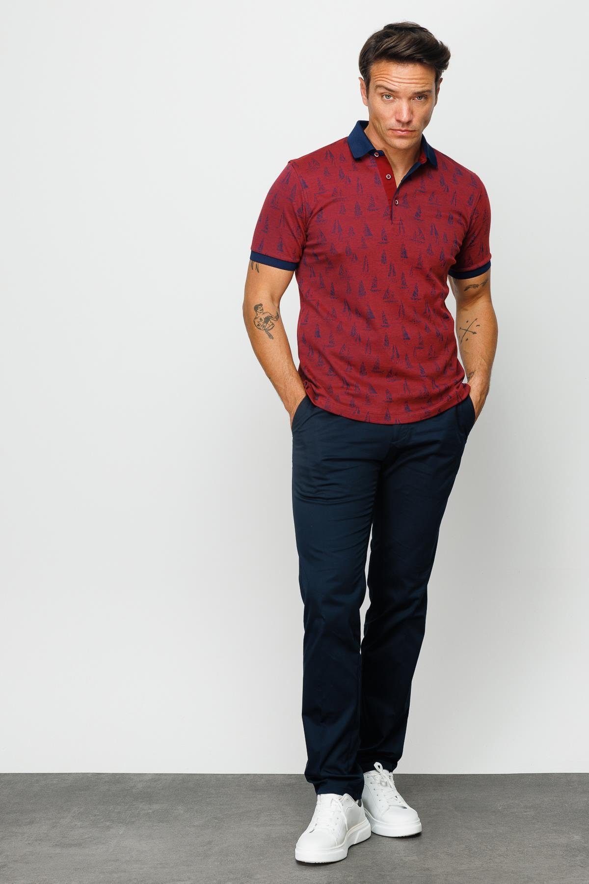 820Erkek Polo Yaka Yelken Desenli T-shirt Bordo