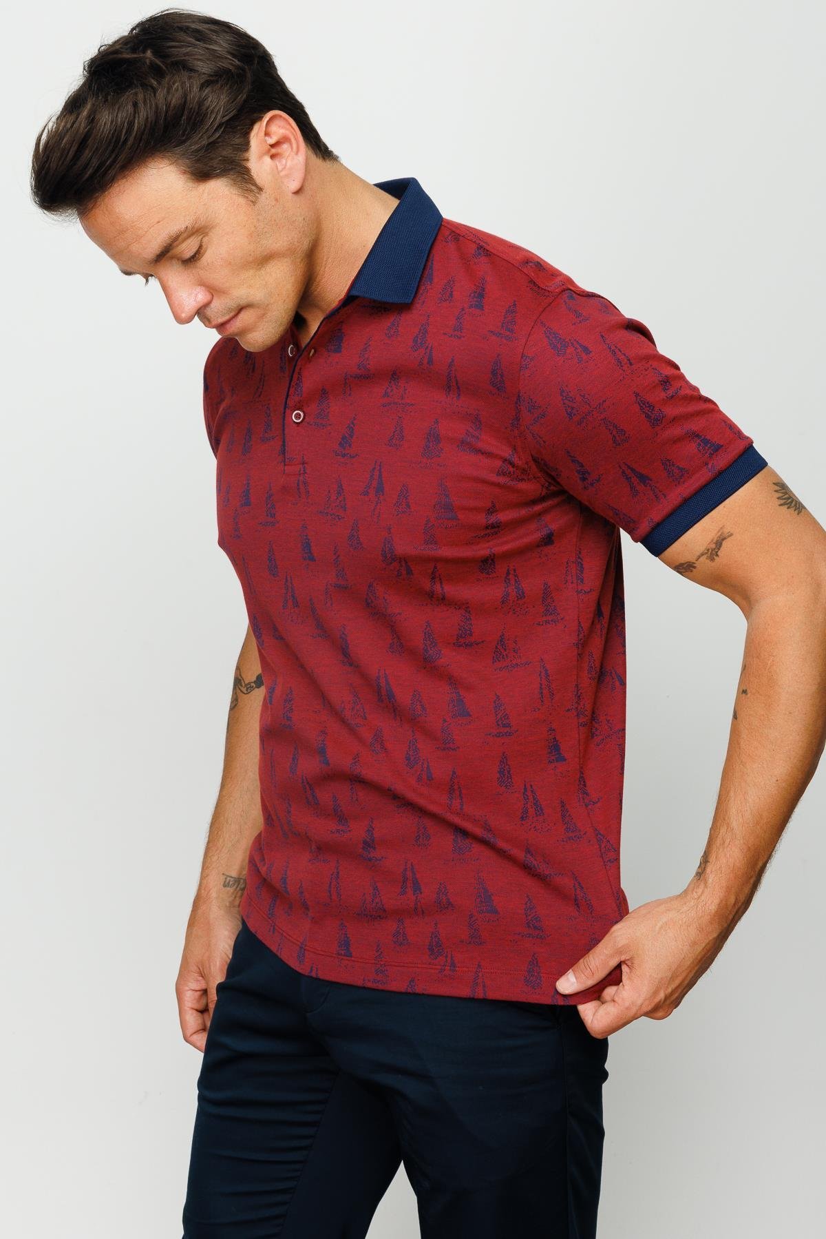 820Erkek Polo Yaka Yelken Desenli T-shirt Bordo