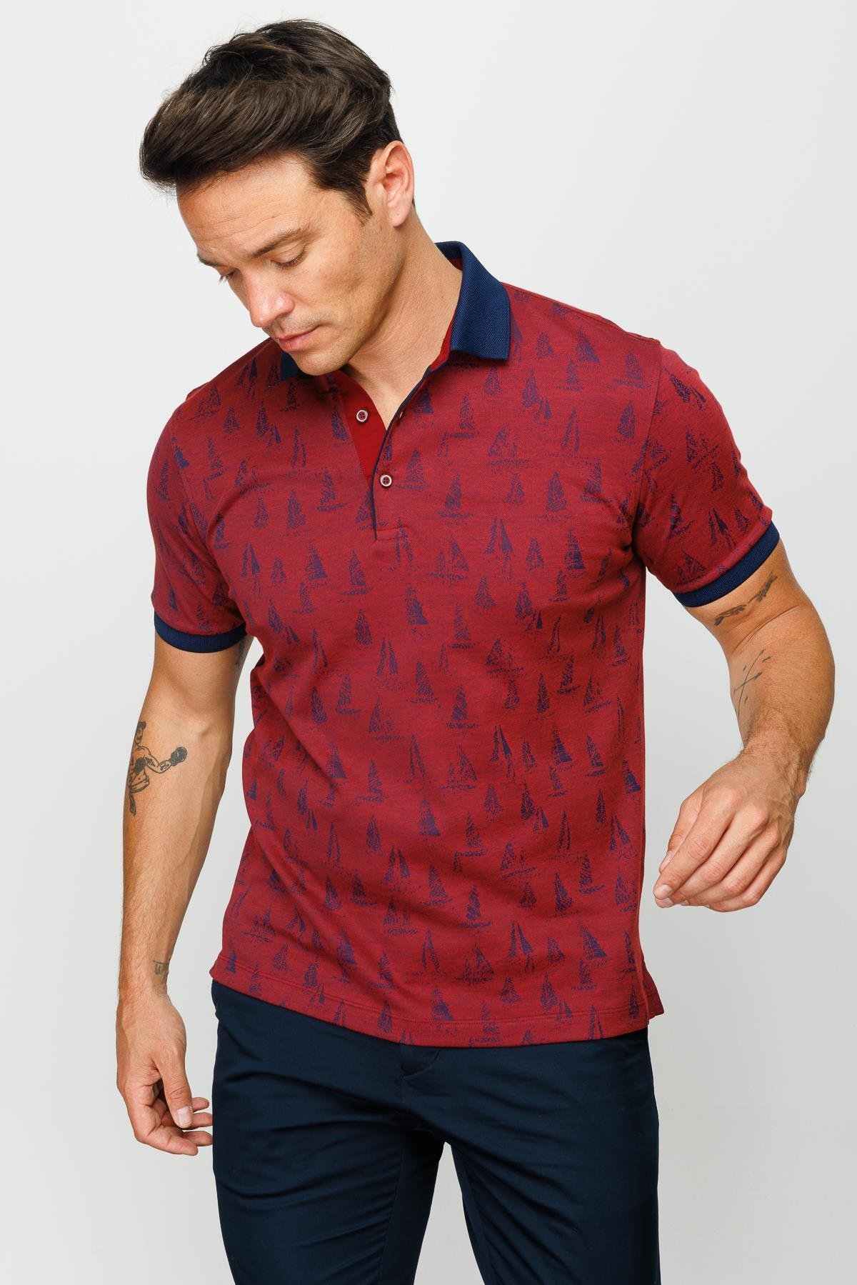820Erkek Polo Yaka Yelken Desenli T-shirt Bordo