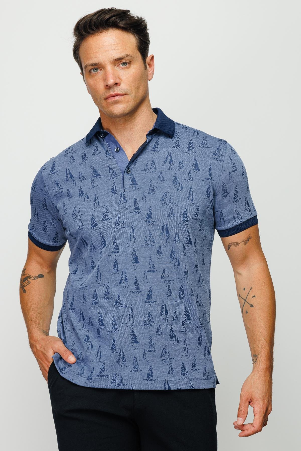 820Erkek Polo Yaka Yelken Desenli T-shirt Lacivert