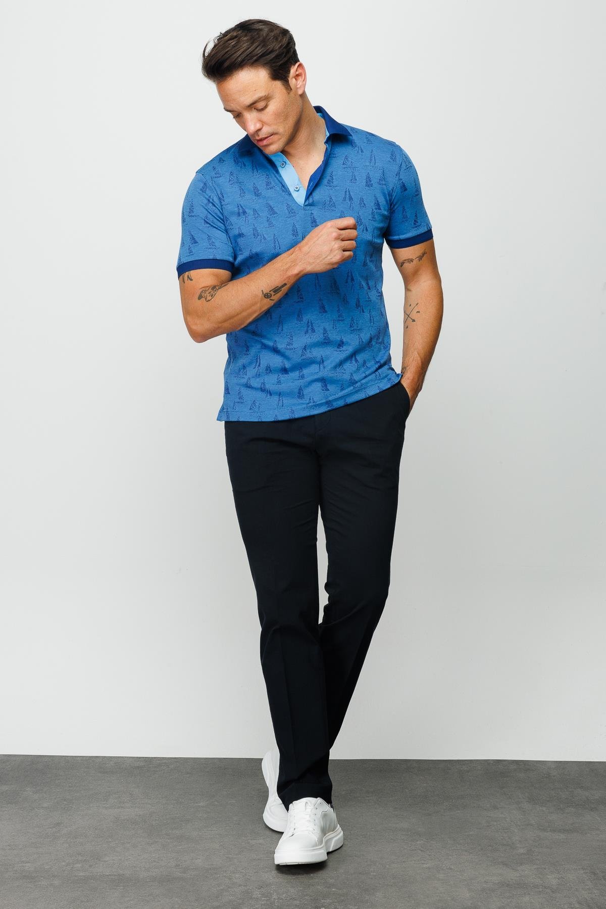 820Erkek Polo Yaka Yelken Desenli T-shirt Saks