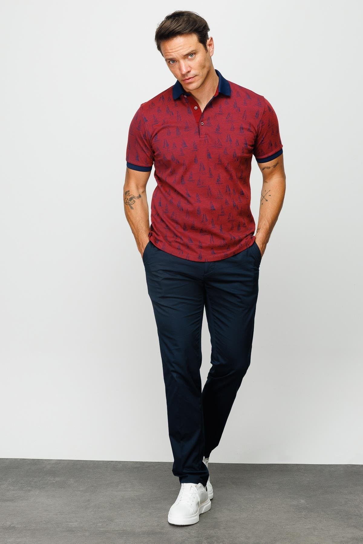 820Erkek Polo Yaka Yelken Desenli T-shirt Bordo