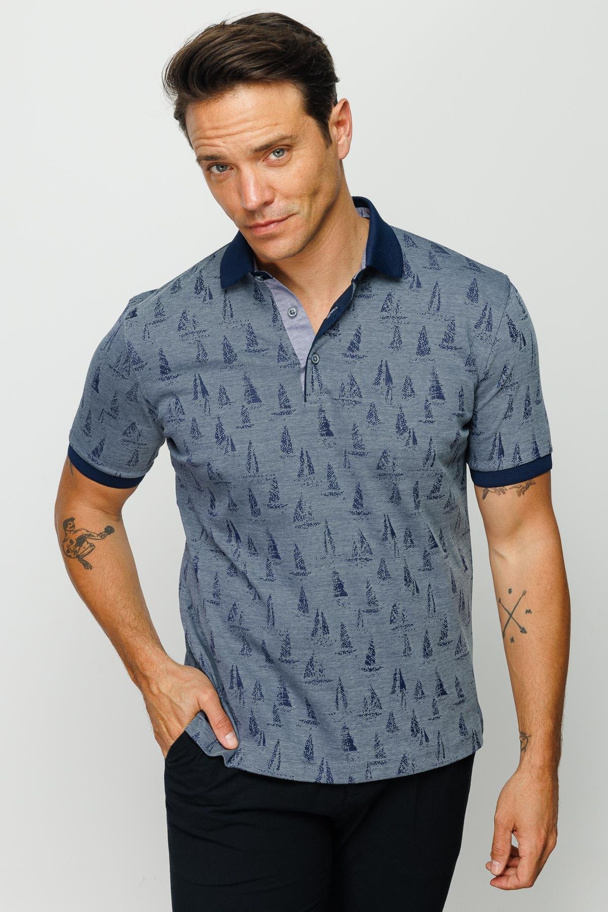 820Erkek Polo Yaka Yelken Desenli T-shirt Füme