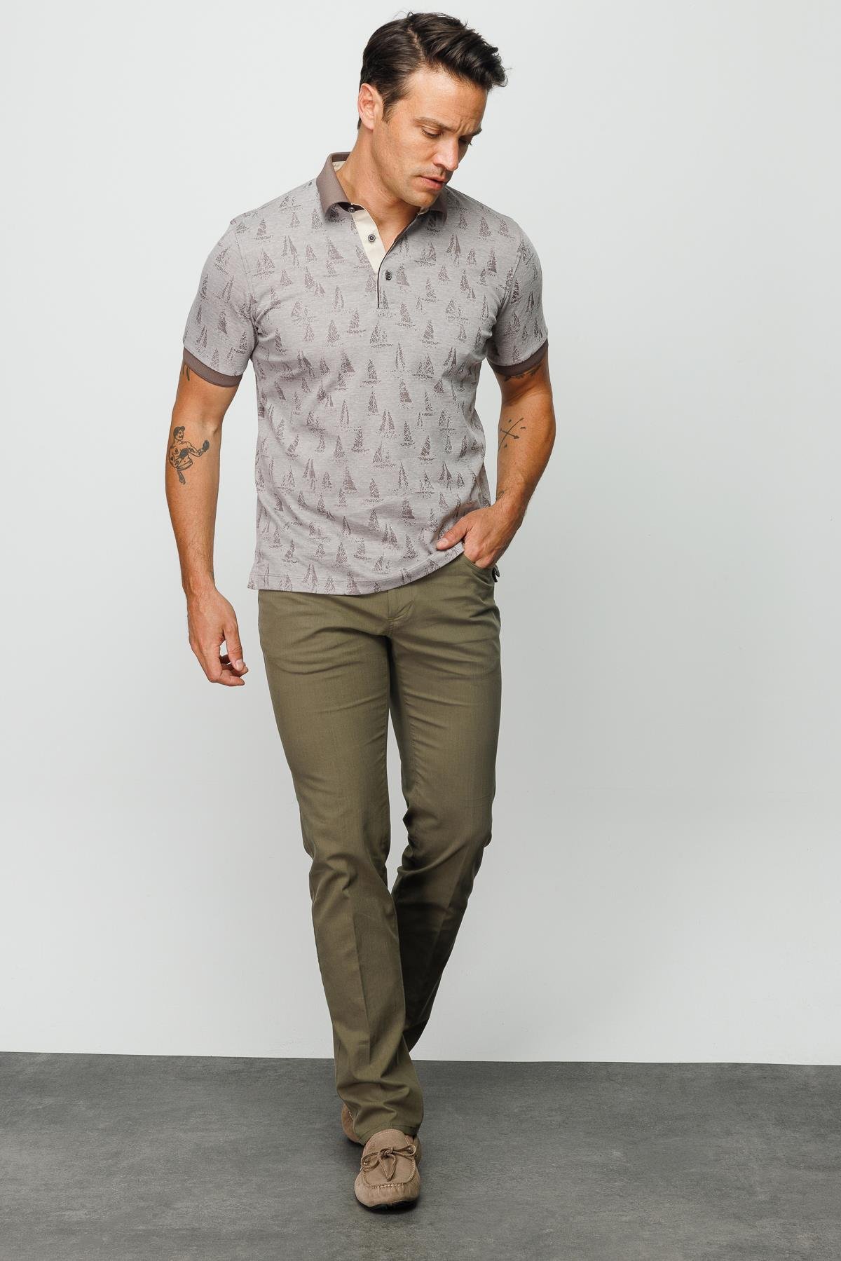 820Erkek Polo Yaka Yelken Desenli T-shirt Bej