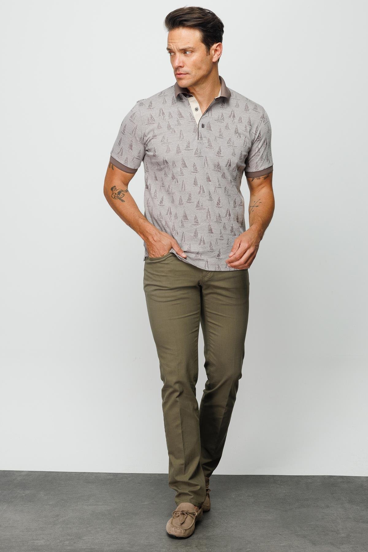 820Erkek Polo Yaka Yelken Desenli T-shirt Bej