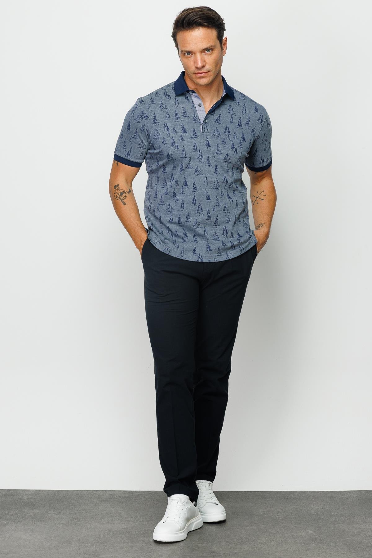 820Erkek Polo Yaka Yelken Desenli T-shirt Füme