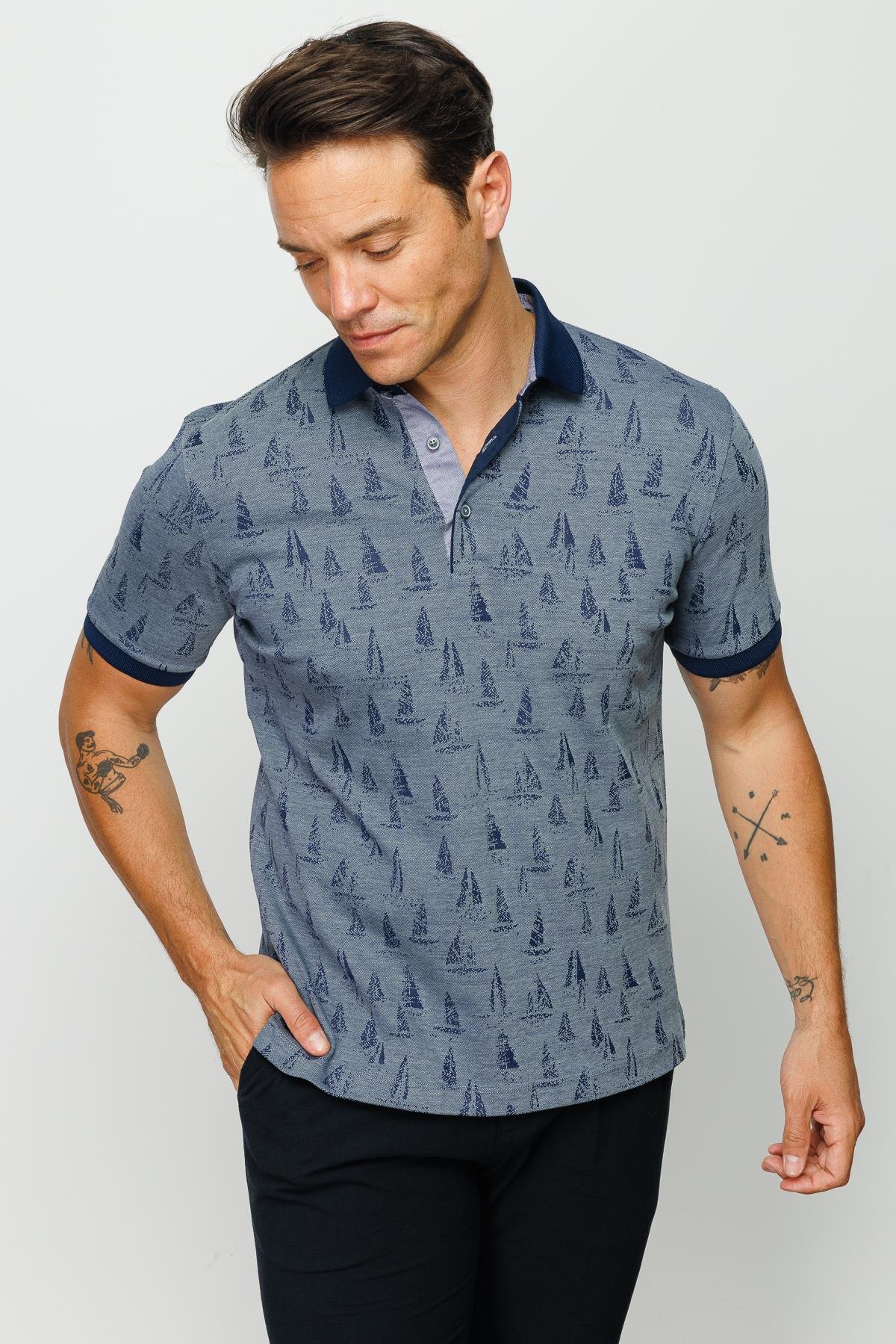 820Erkek Polo Yaka Yelken Desenli T-shirt Füme
