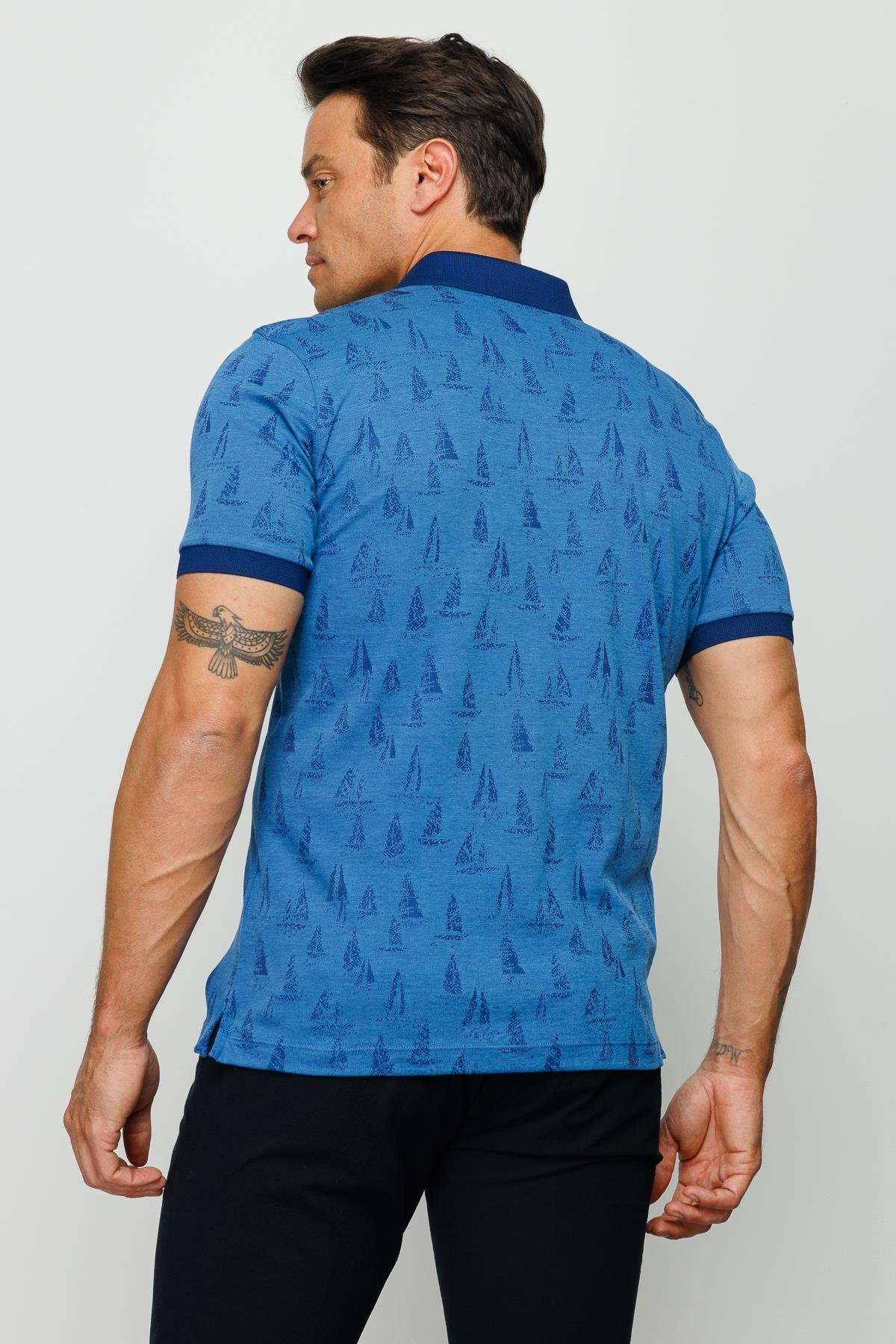 820Erkek Polo Yaka Yelken Desenli T-shirt Saks