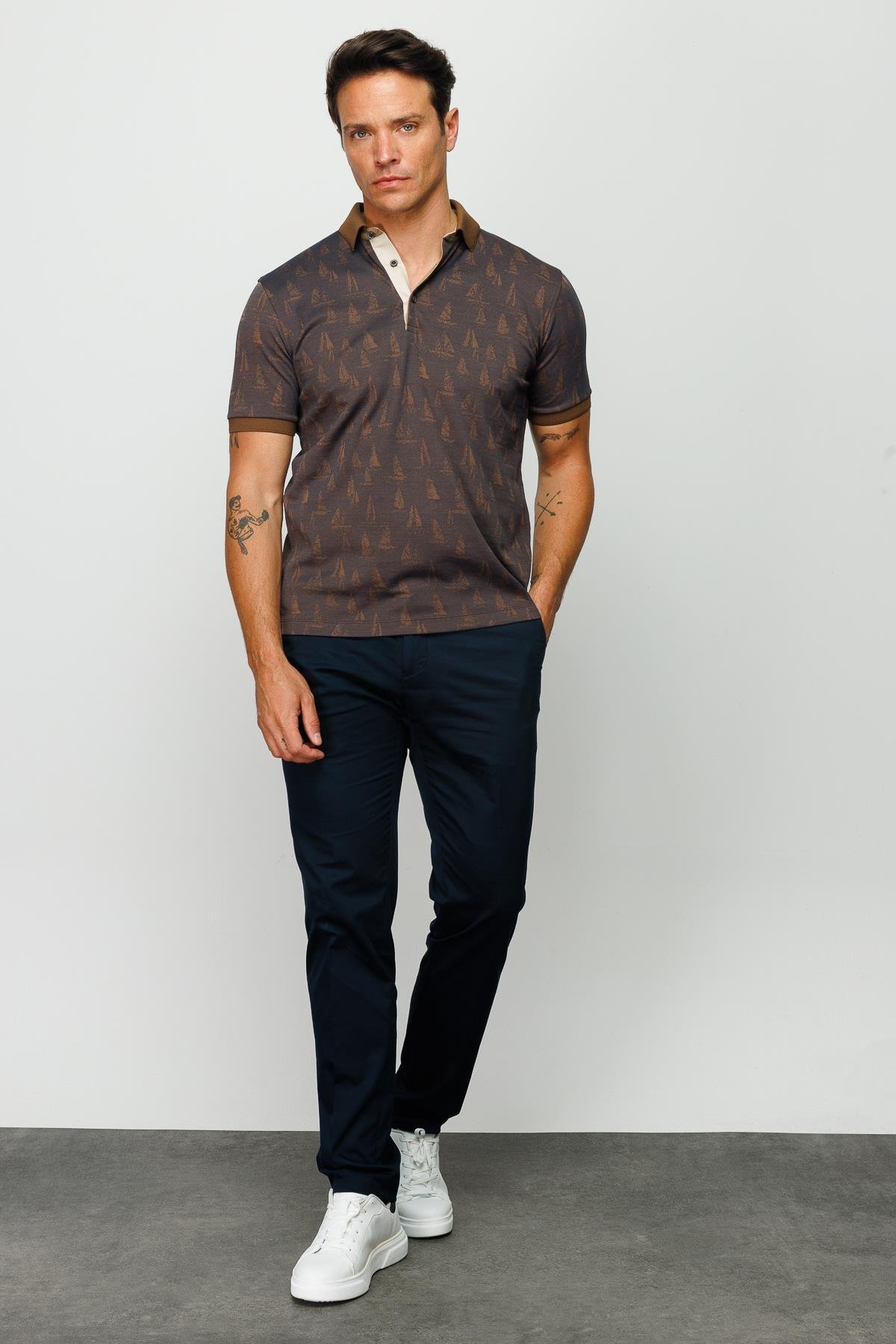 820Erkek Polo Yaka Yelken Desenli T-shirt Kahve