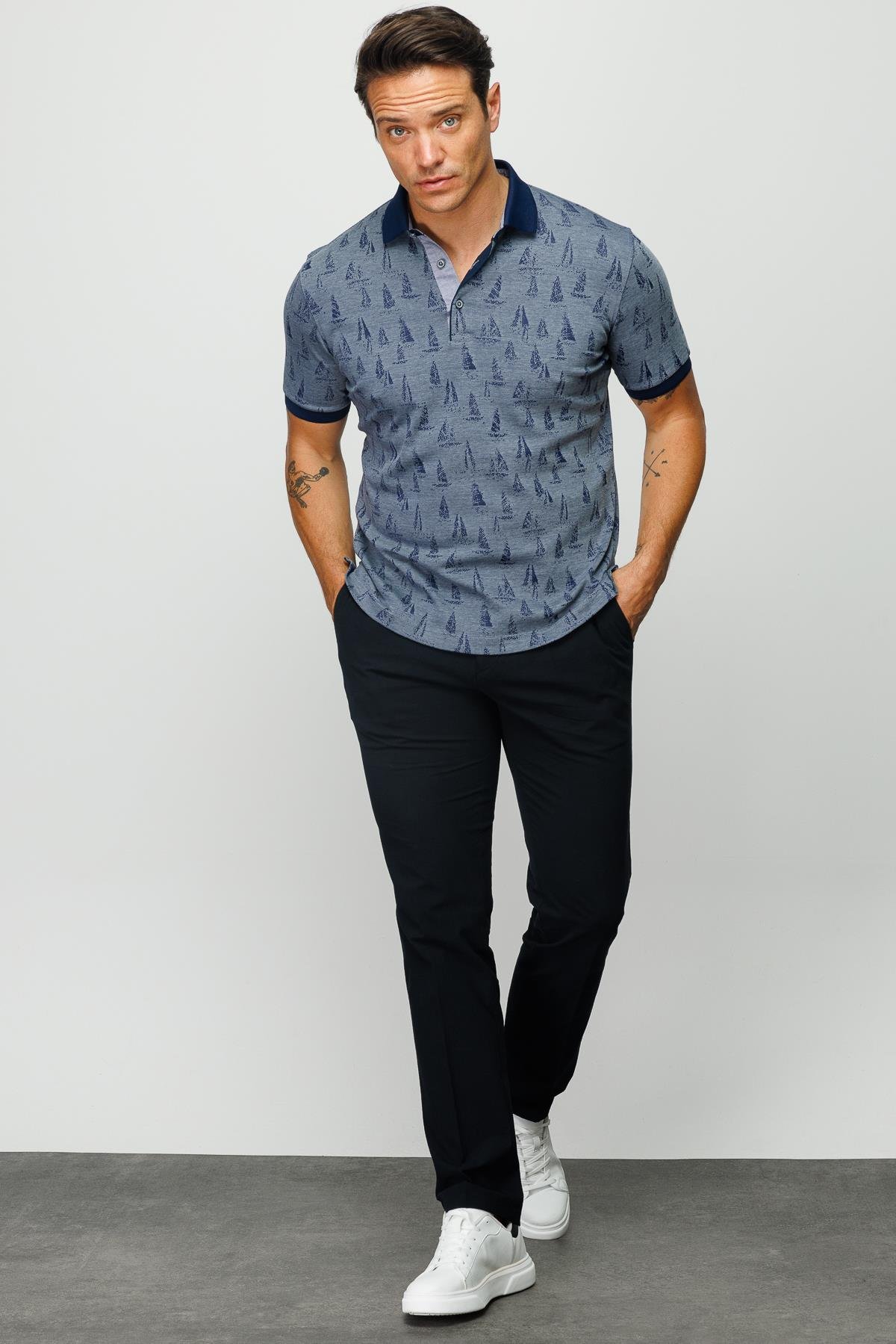 820Erkek Polo Yaka Yelken Desenli T-shirt Füme