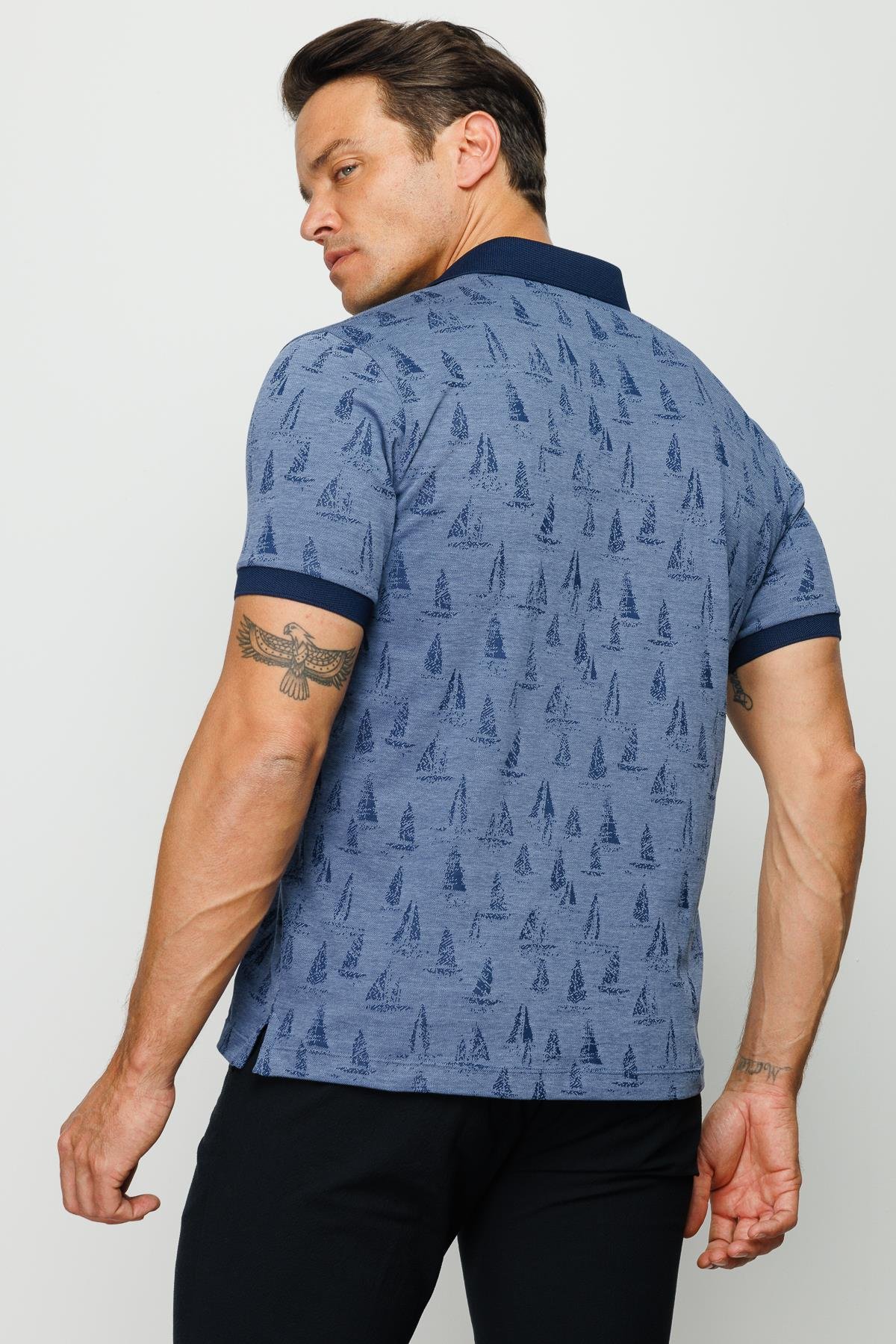 820Erkek Polo Yaka Yelken Desenli T-shirt Lacivert