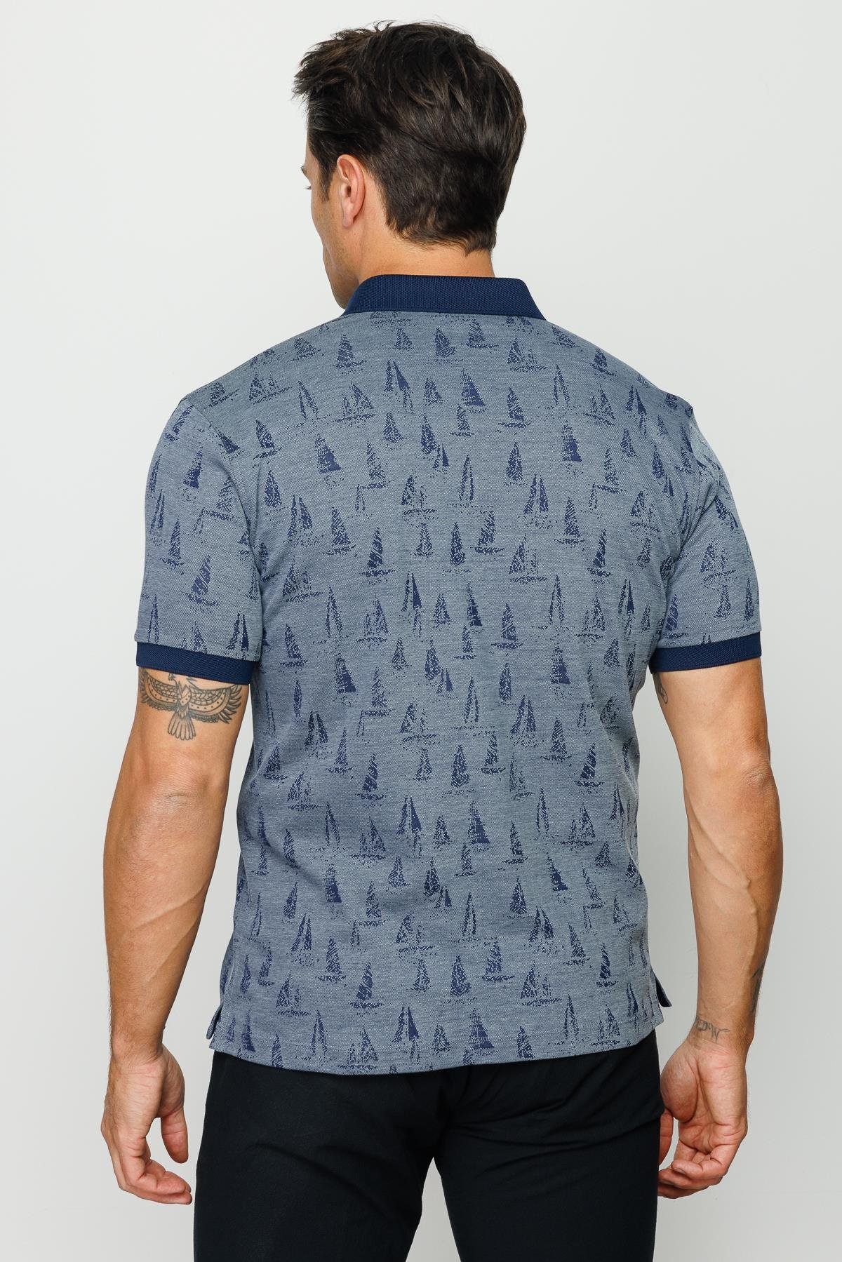 820Erkek Polo Yaka Yelken Desenli T-shirt Füme