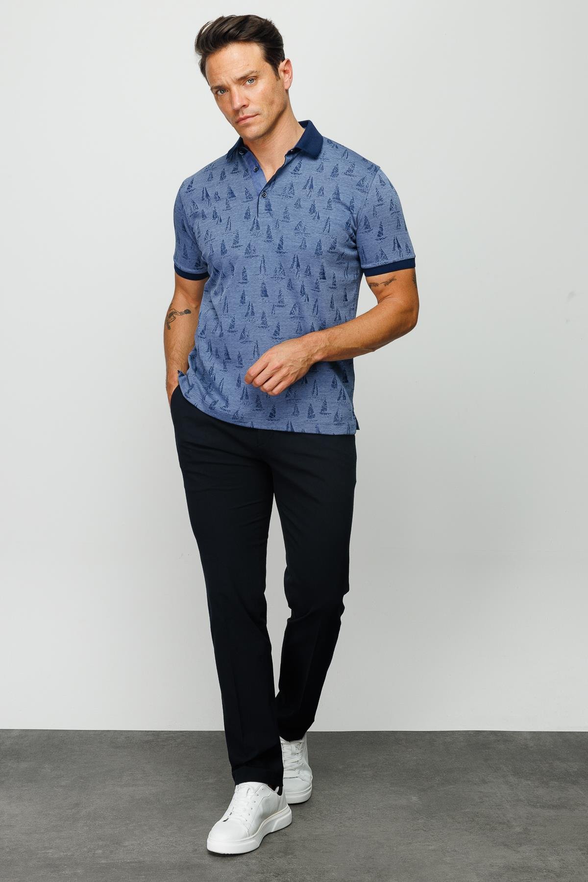 820Erkek Polo Yaka Yelken Desenli T-shirt Lacivert