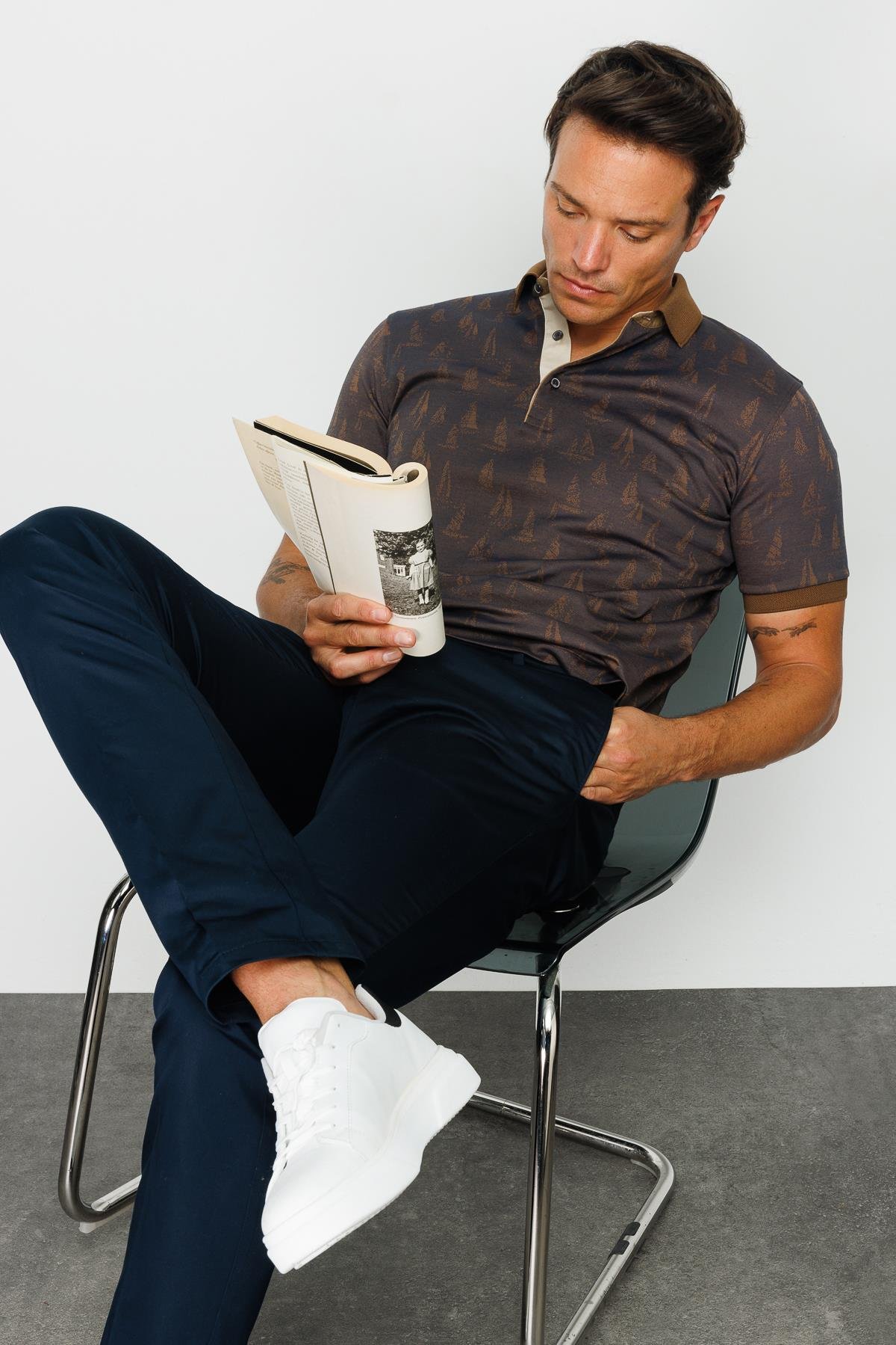 820Erkek Polo Yaka Yelken Desenli T-shirt Kahve