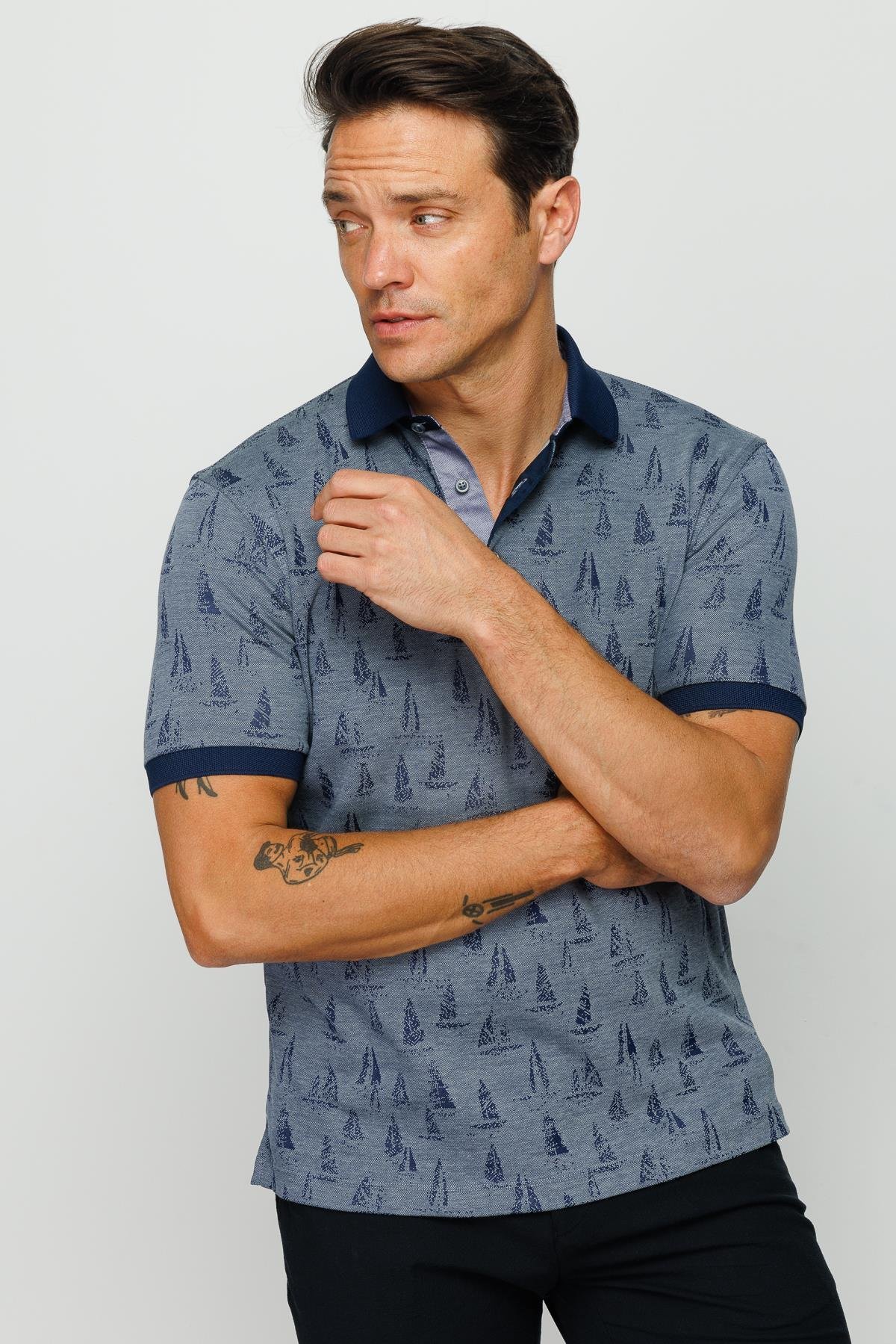 820Erkek Polo Yaka Yelken Desenli T-shirt Füme