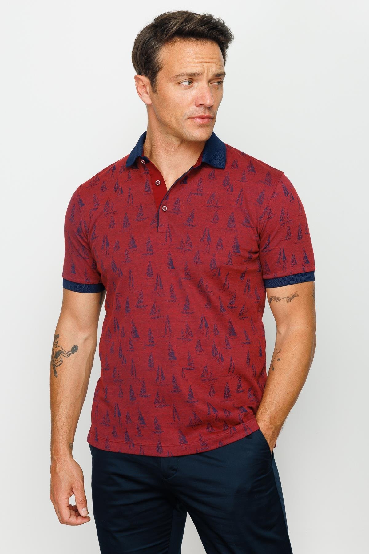 820Erkek Polo Yaka Yelken Desenli T-shirt Bordo