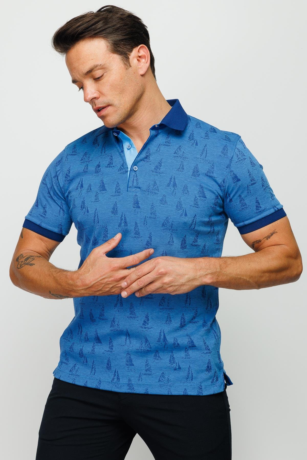 820Erkek Polo Yaka Yelken Desenli T-shirt Saks