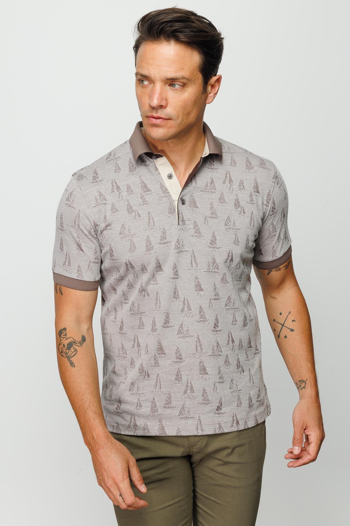 820Erkek Polo Yaka Yelken Desenli T-shirt Bej