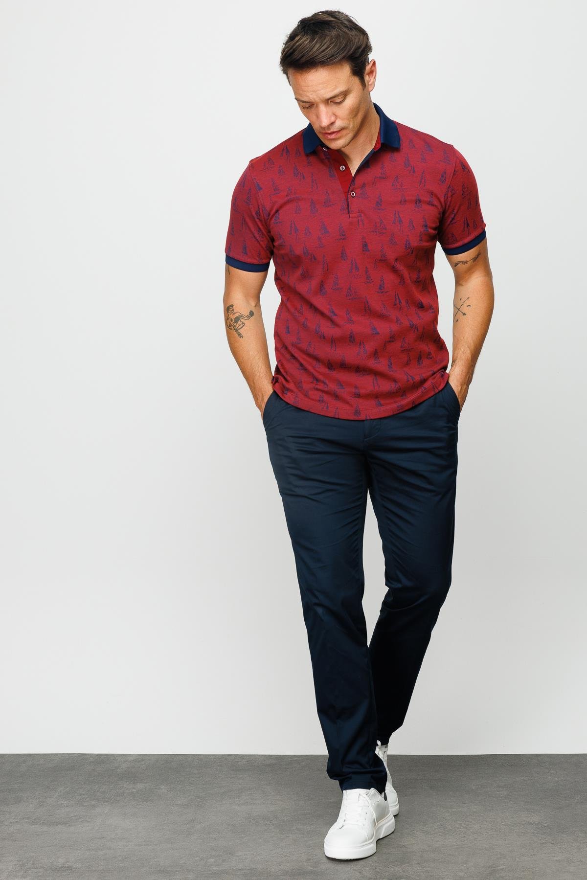 820Erkek Polo Yaka Yelken Desenli T-shirt Bordo
