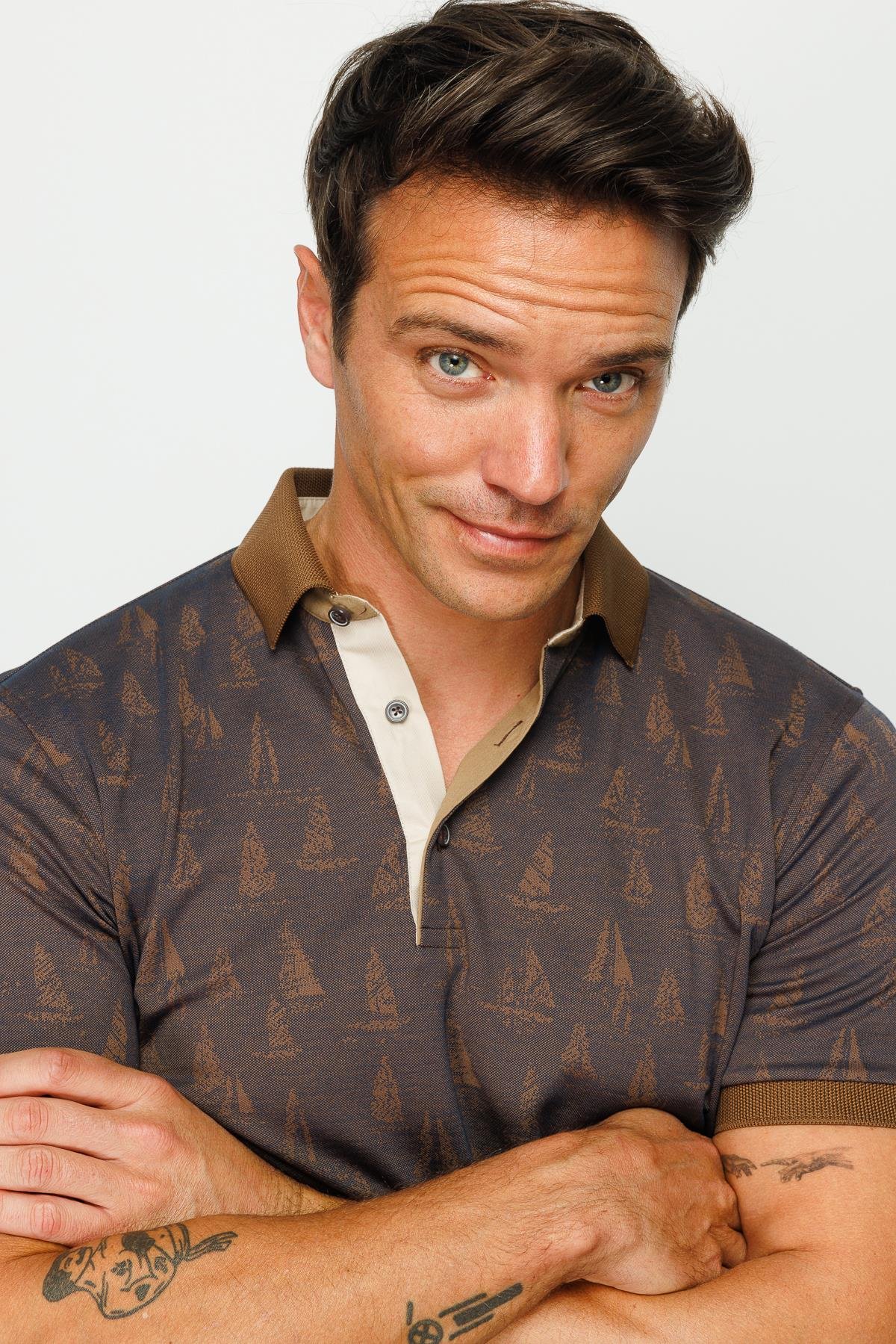 820Erkek Polo Yaka Yelken Desenli T-shirt Kahve