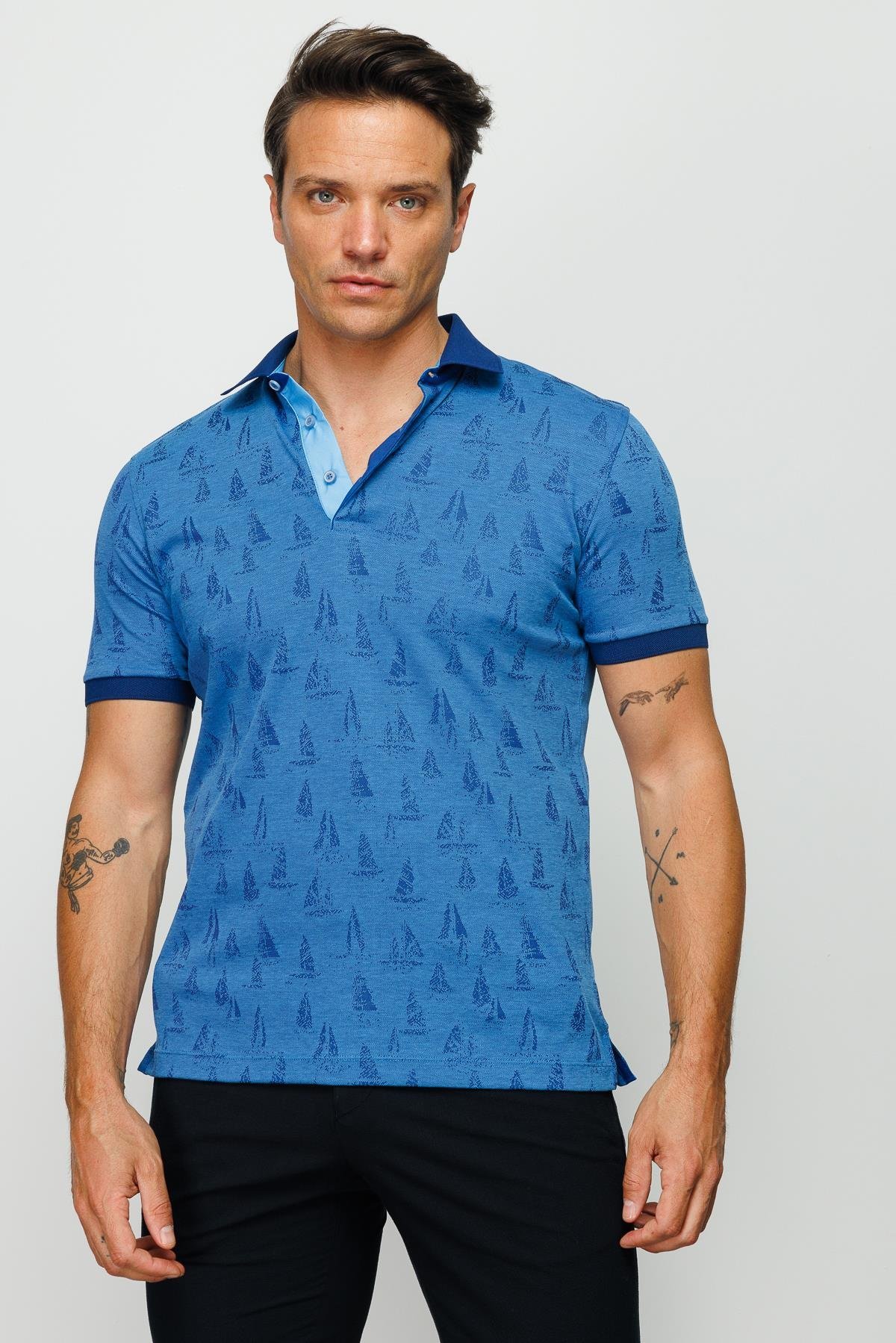 820Erkek Polo Yaka Yelken Desenli T-shirt Saks