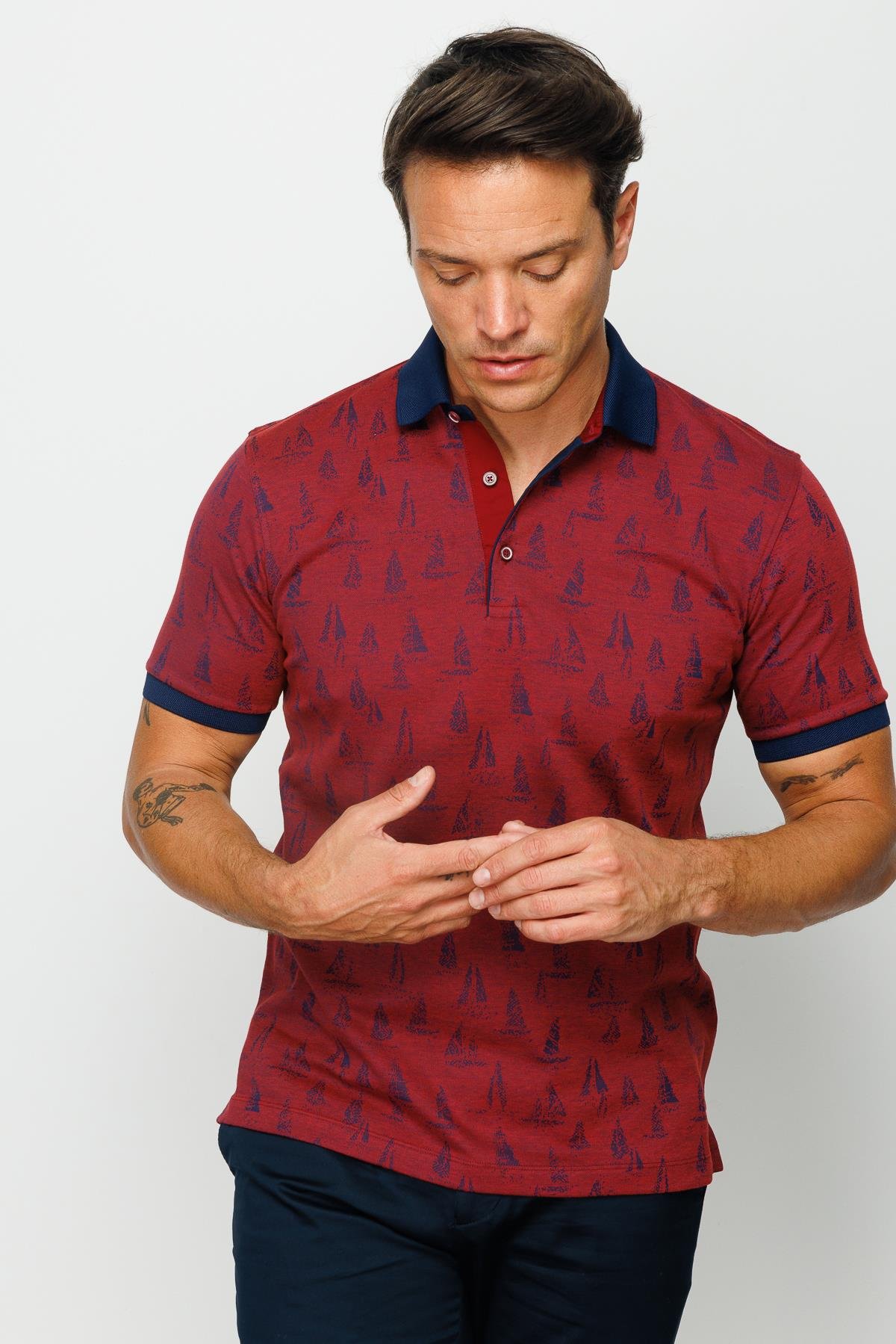 820Erkek Polo Yaka Yelken Desenli T-shirt Bordo