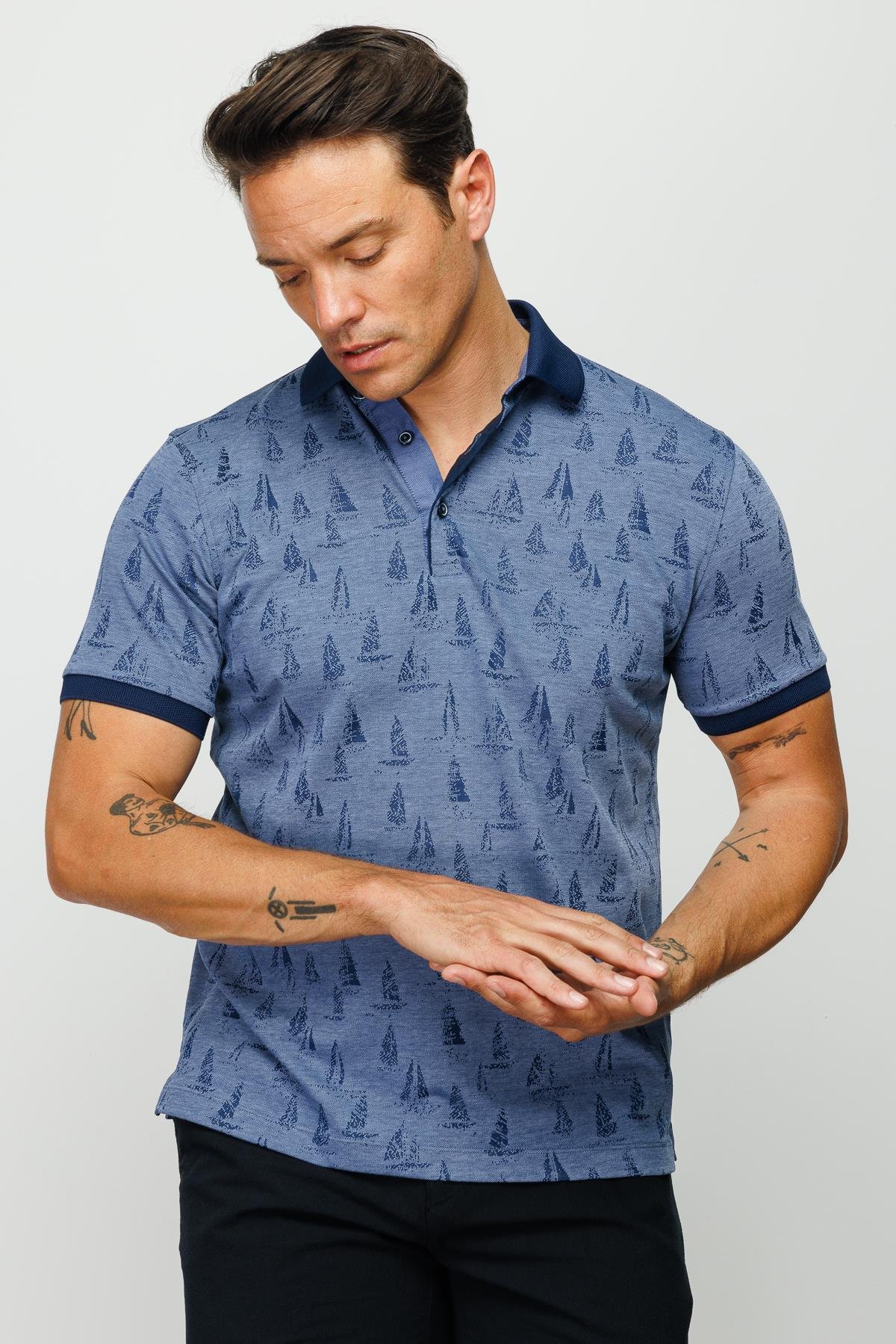 820Erkek Polo Yaka Yelken Desenli T-shirt Lacivert