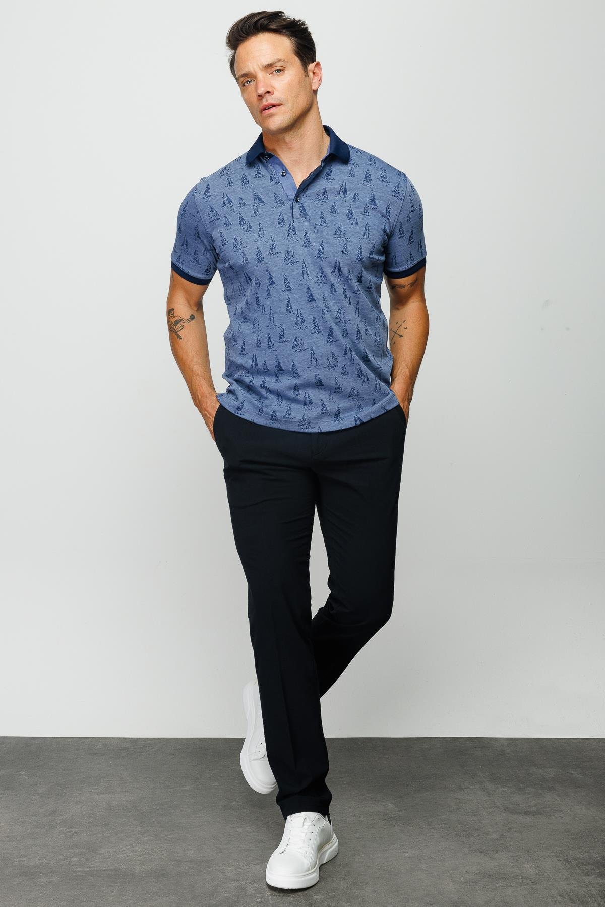 820Erkek Polo Yaka Yelken Desenli T-shirt Lacivert