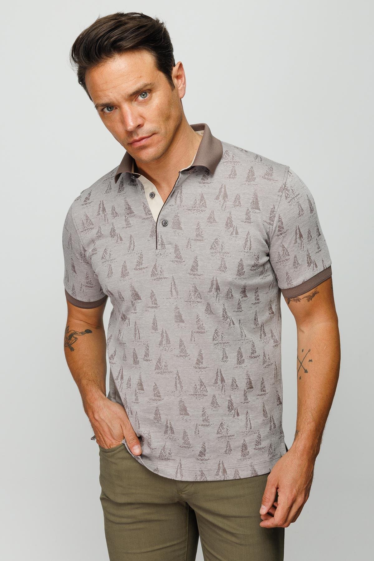 820Erkek Polo Yaka Yelken Desenli T-shirt Bej