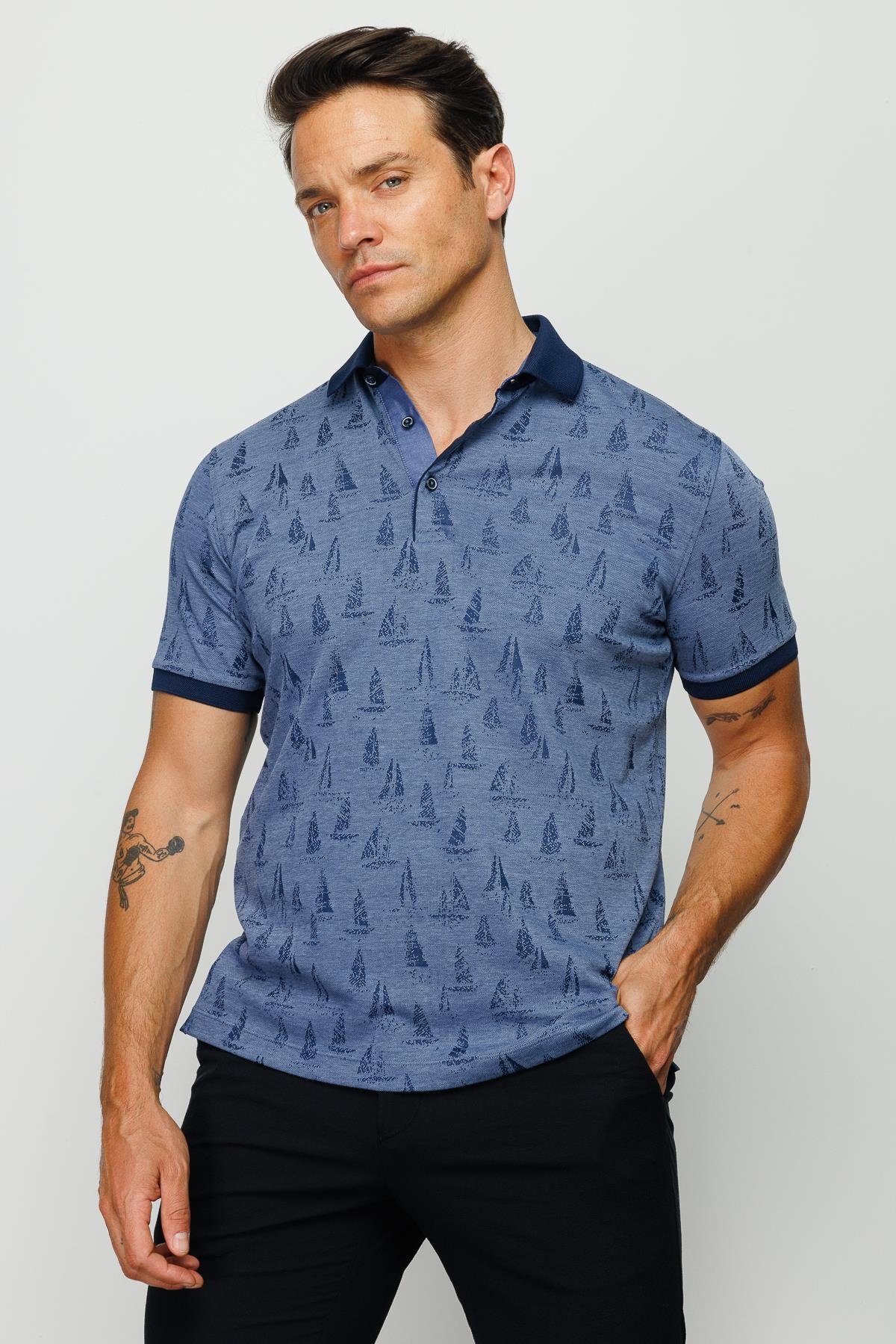 820Erkek Polo Yaka Yelken Desenli T-shirt Lacivert