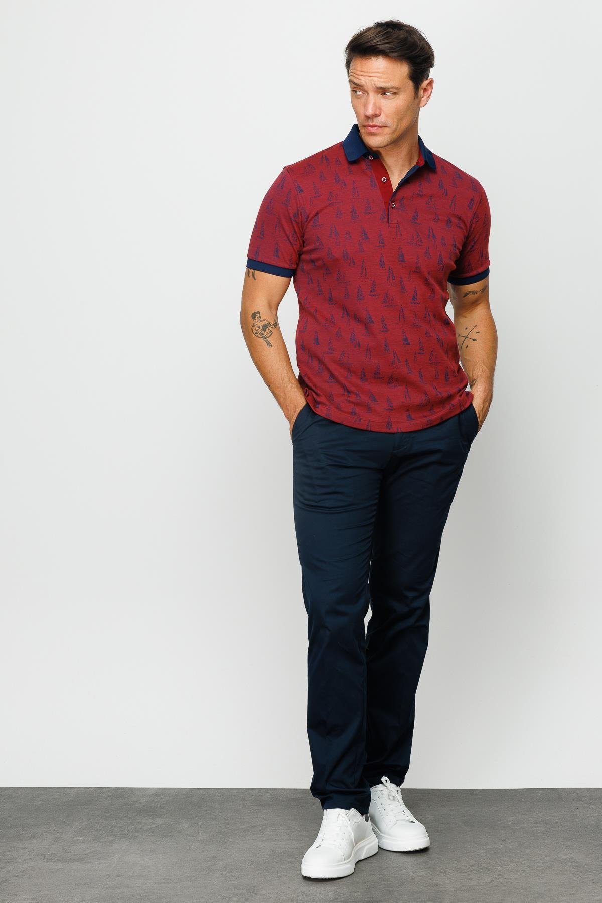820Erkek Polo Yaka Yelken Desenli T-shirt Bordo
