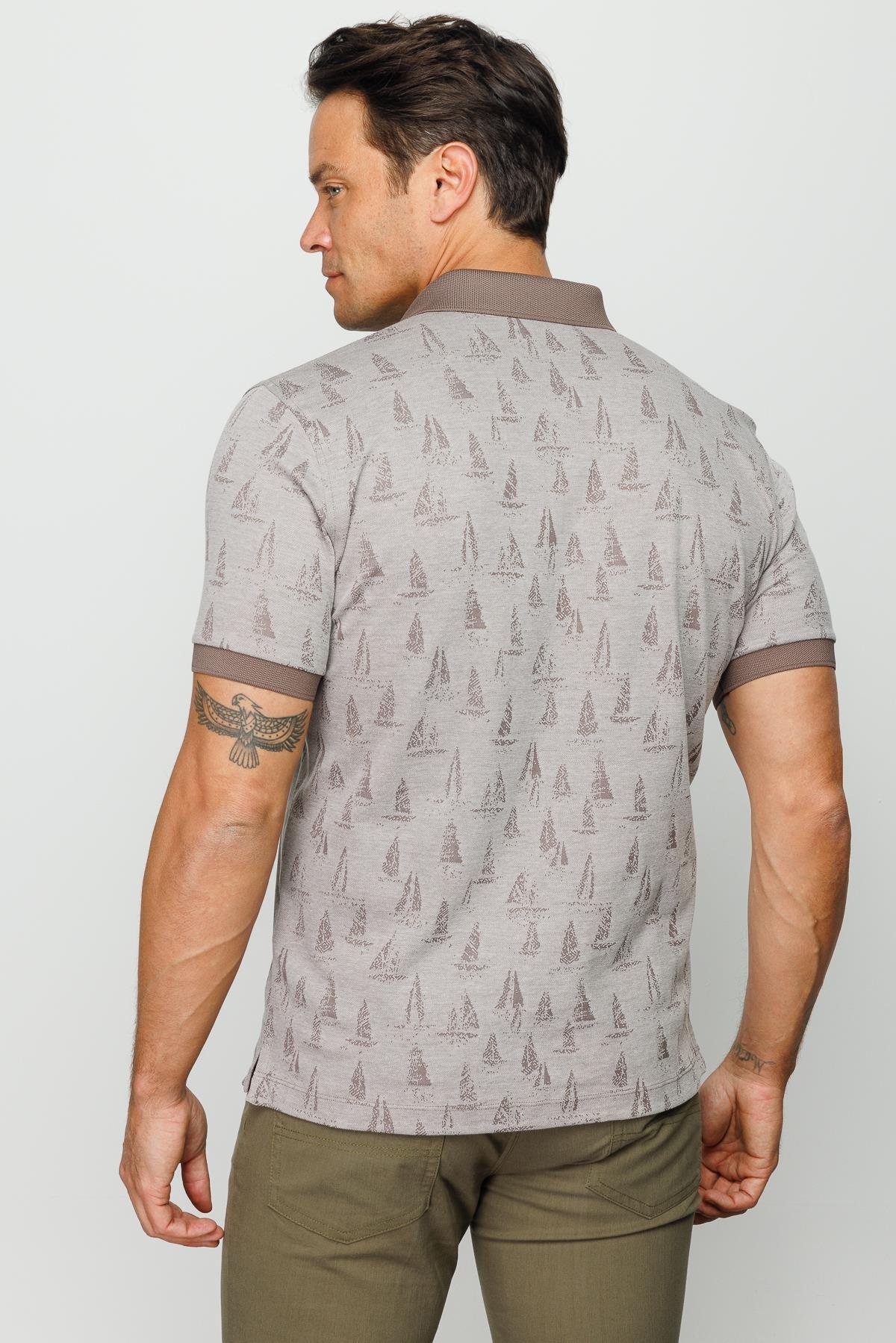 820Erkek Polo Yaka Yelken Desenli T-shirt Bej