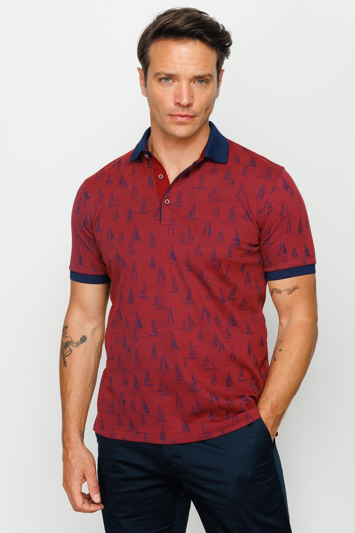 820Erkek Polo Yaka Yelken Desenli T-shirt Bordo
