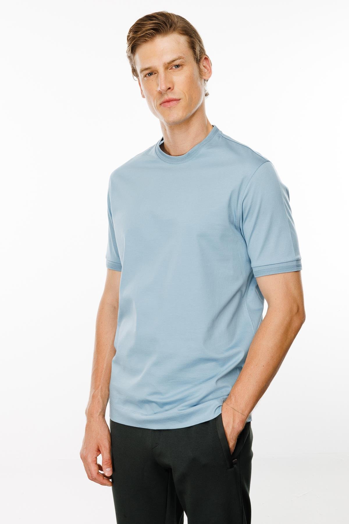 MTA 09Erkek Sıfır Yaka Basic Pamuklu T-shirt Mavi