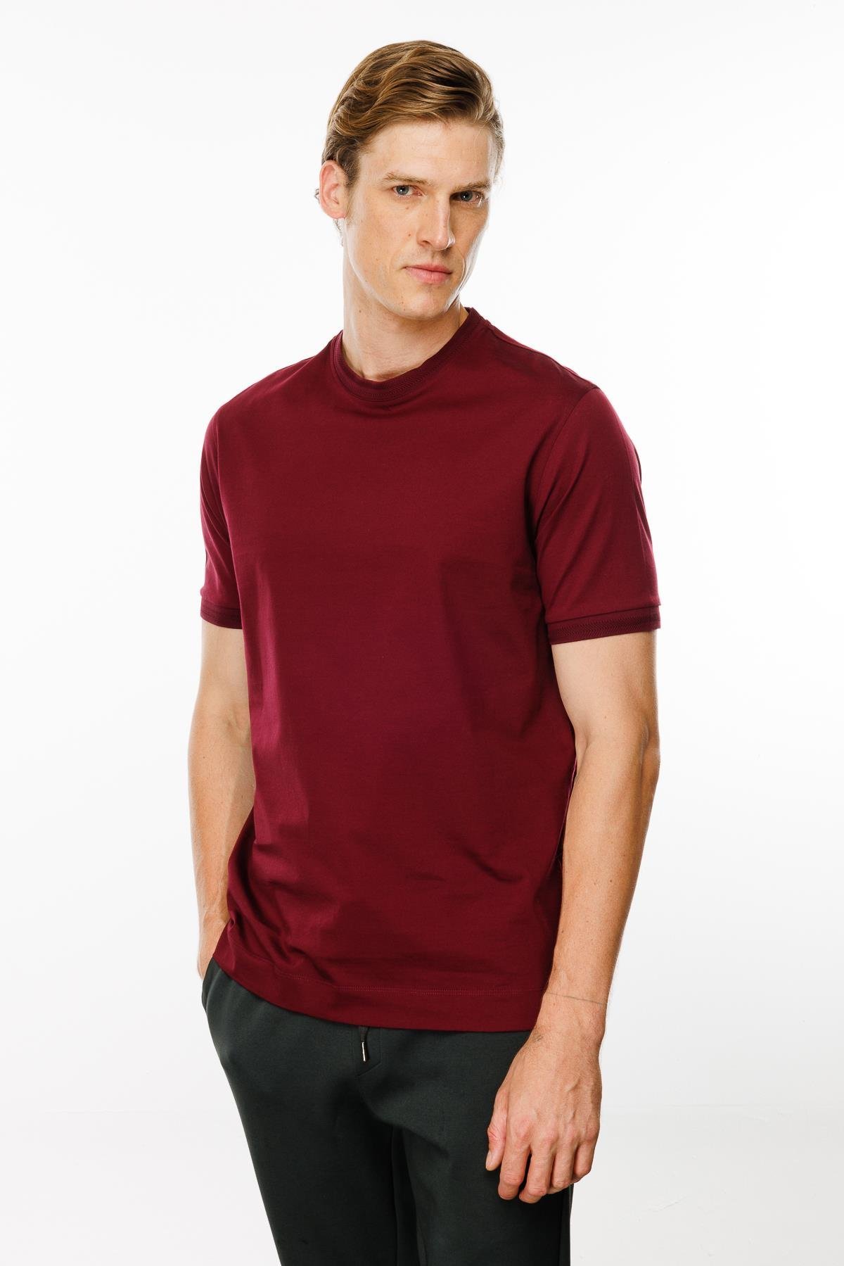 MTA 09Erkek Sıfır Yaka Basic Pamuklu T-shirt Bordo