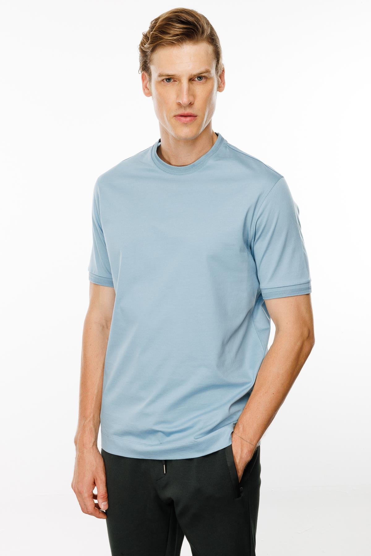 MTA 09Erkek Sıfır Yaka Basic Pamuklu T-shirt Mavi