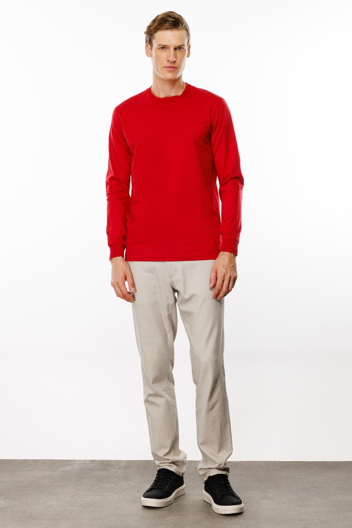 MTA 10Erkek Sıfır Yaka Basic Uzun Kollu Pamuklu T-shirt Kırmızı