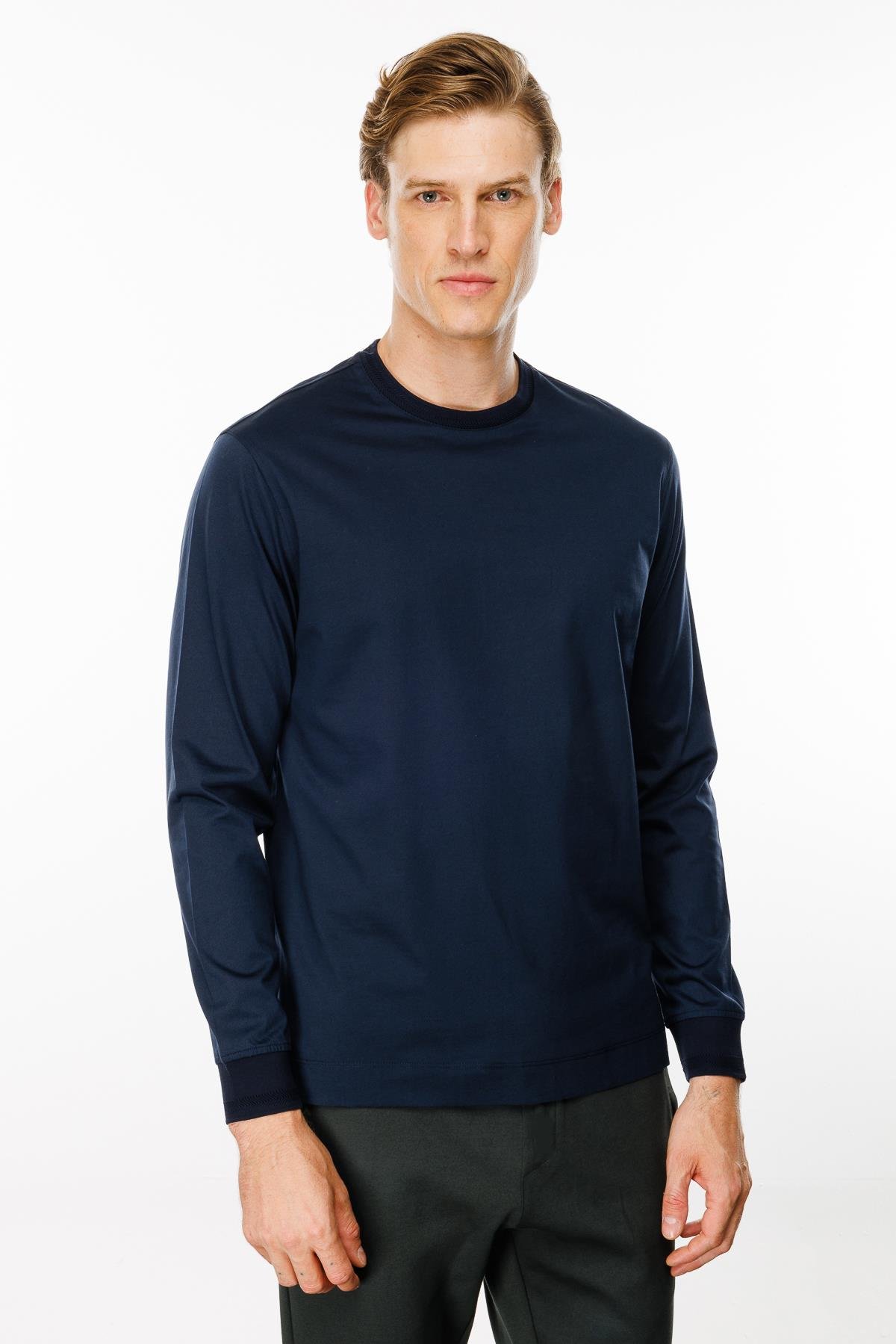 MTA 10Erkek Sıfır Yaka Basic Uzun Kollu Pamuklu T-shirt Lacivert