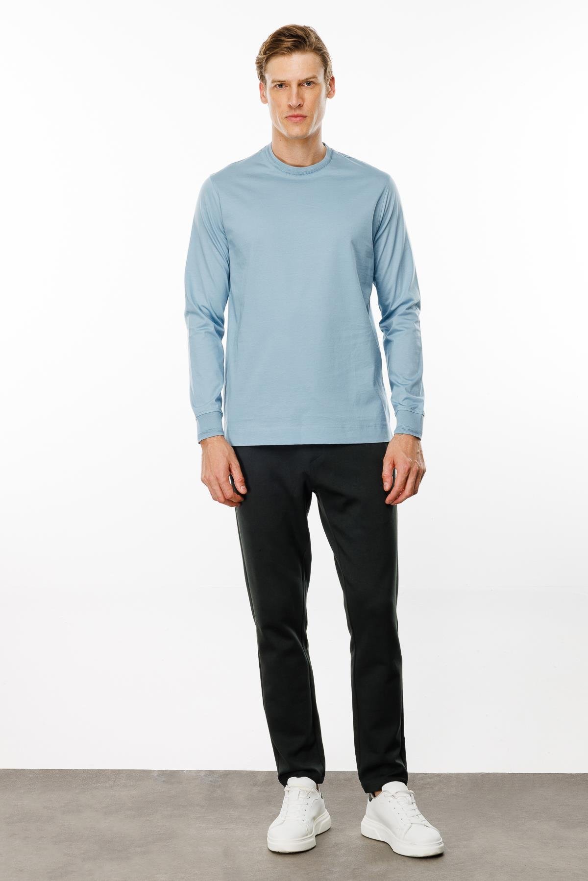 MTA 10Erkek Sıfır Yaka Basic Uzun Kollu Pamuklu T-shirt Mavi