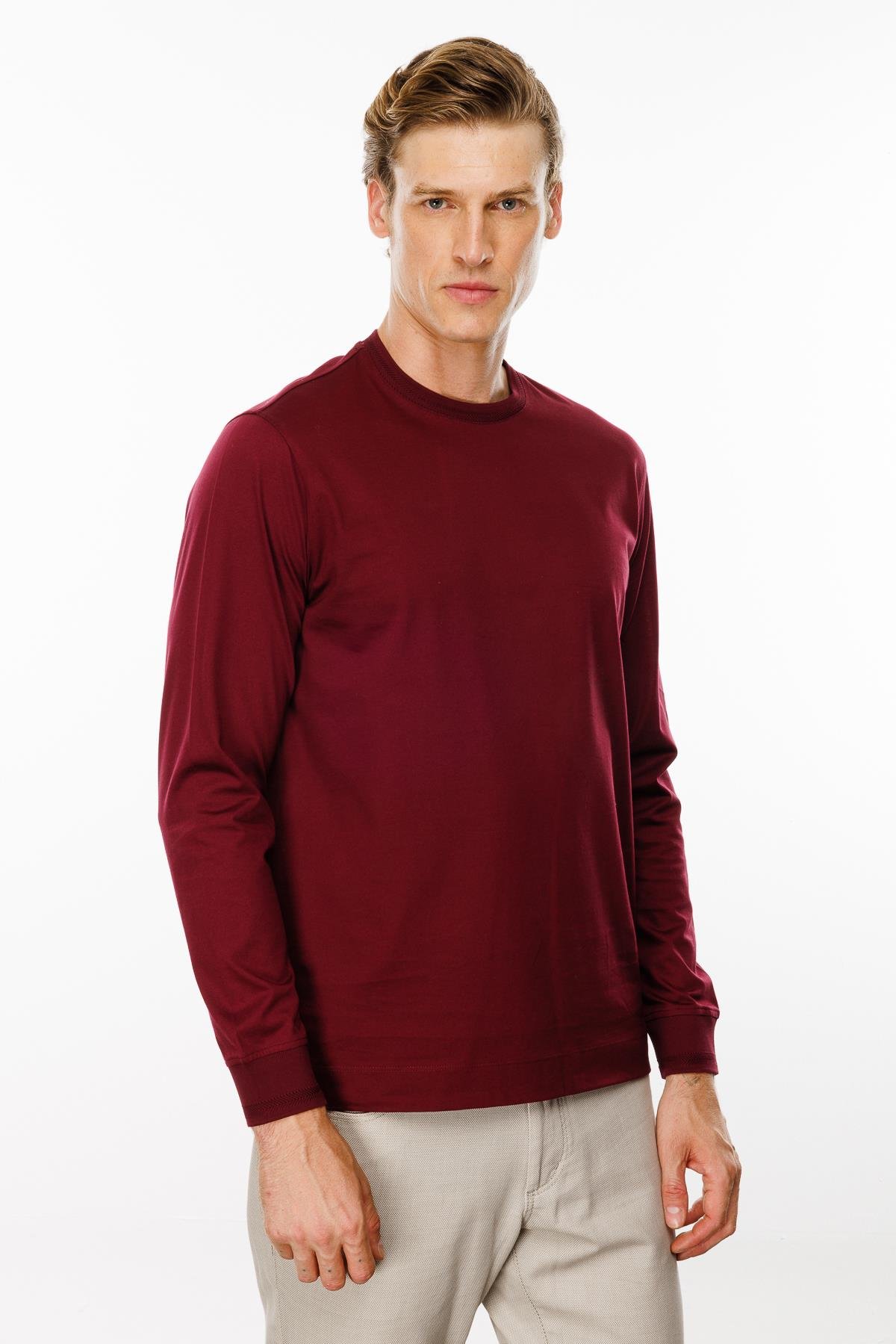 MTA 10Erkek Sıfır Yaka Basic Uzun Kollu Pamuklu T-shirt Bordo